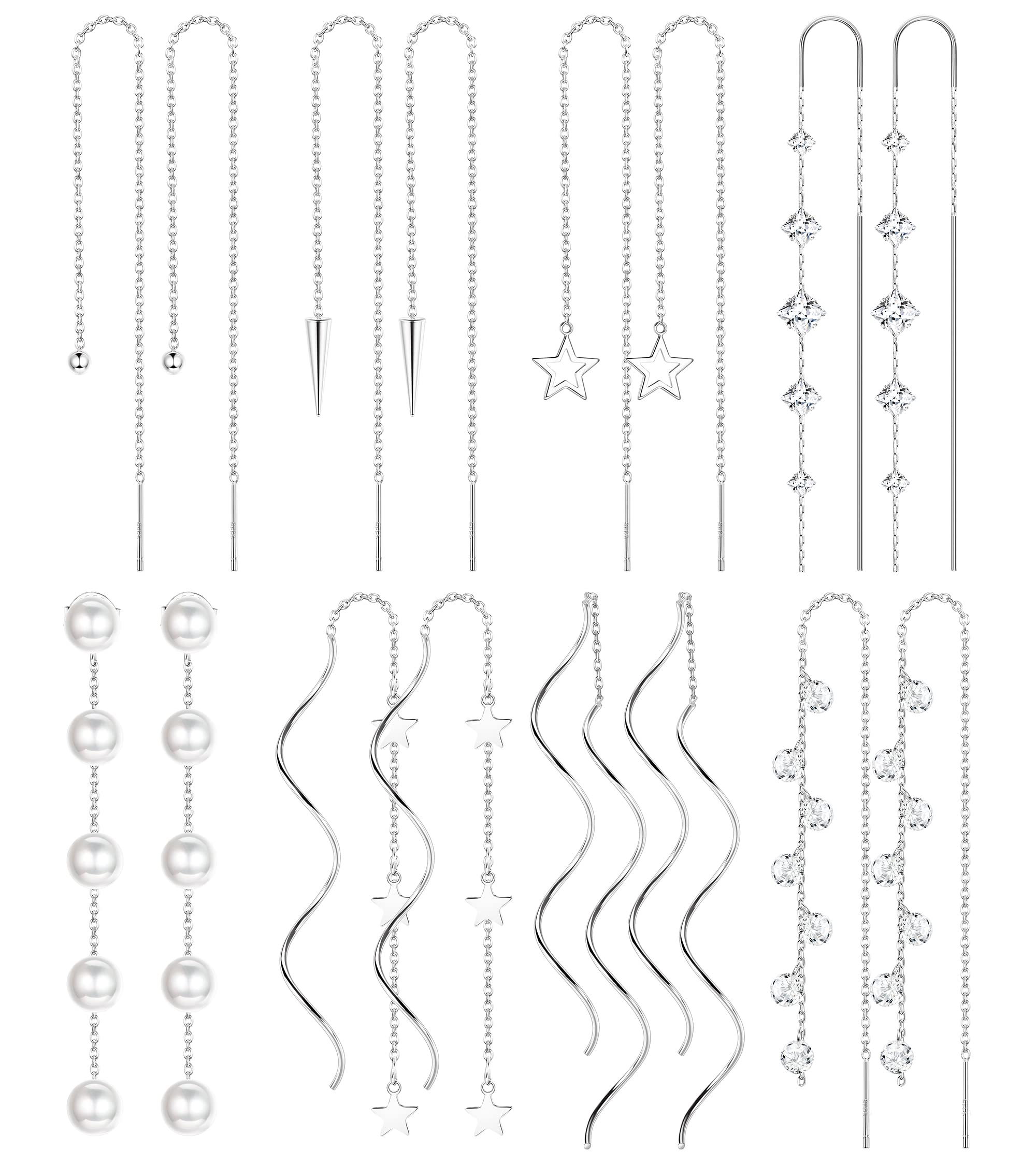 8 Pairs Stainless Steel Threader Dangle Earrings for Women - 316L Lightweight Chain Tassel Drop Earrings Set with Double Twist Wave Design | Perfect for Parties, Weddings, and Everyday Fashion Accessories