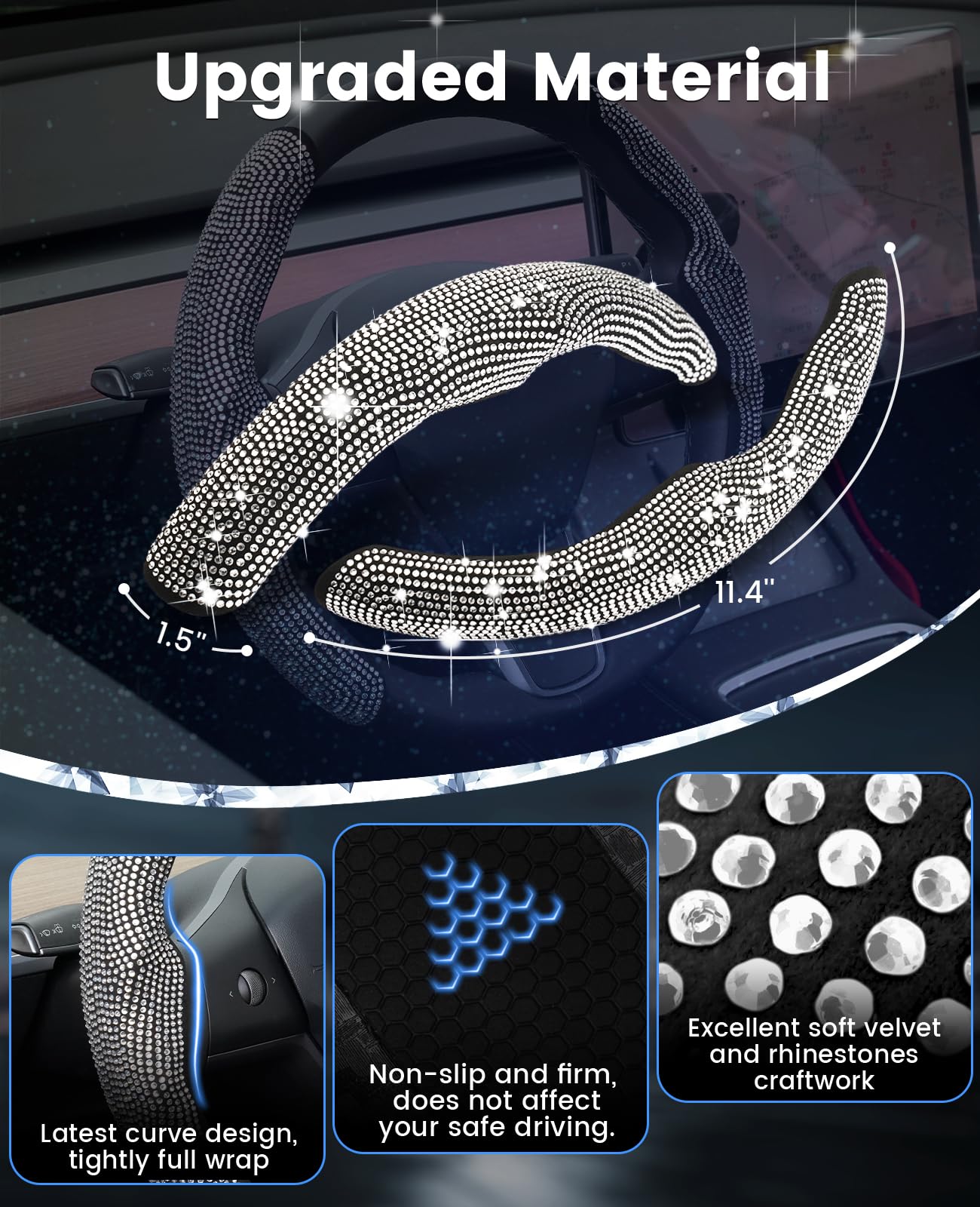 Luxury Diamond Rhinestone Steering Wheel Cover for Tesla Model 3 (2017-2023) & Model Y (2020-2023) - 2PCS Non-Slip Sparkling Car Accessories | Perfect for Women's Gift, Date Night & Luxury Driving Experience