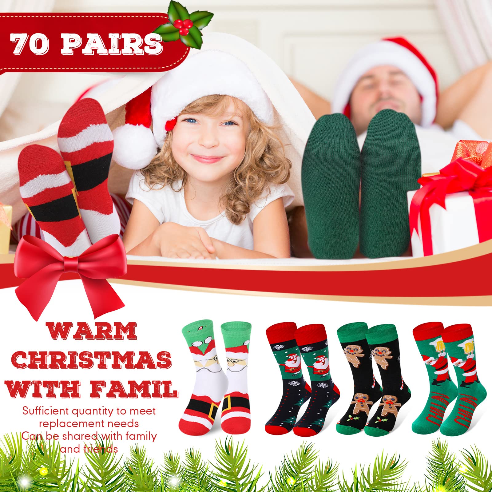 BBTO 70 Pairs Christmas Crew Socks - Holiday Colorful Cozy Xmas Socks for Women & Men - Warm Festive Novelty Santa Claus Socks - Perfect for Winter Gifts, Stocking Stuffers & Christmas Parties