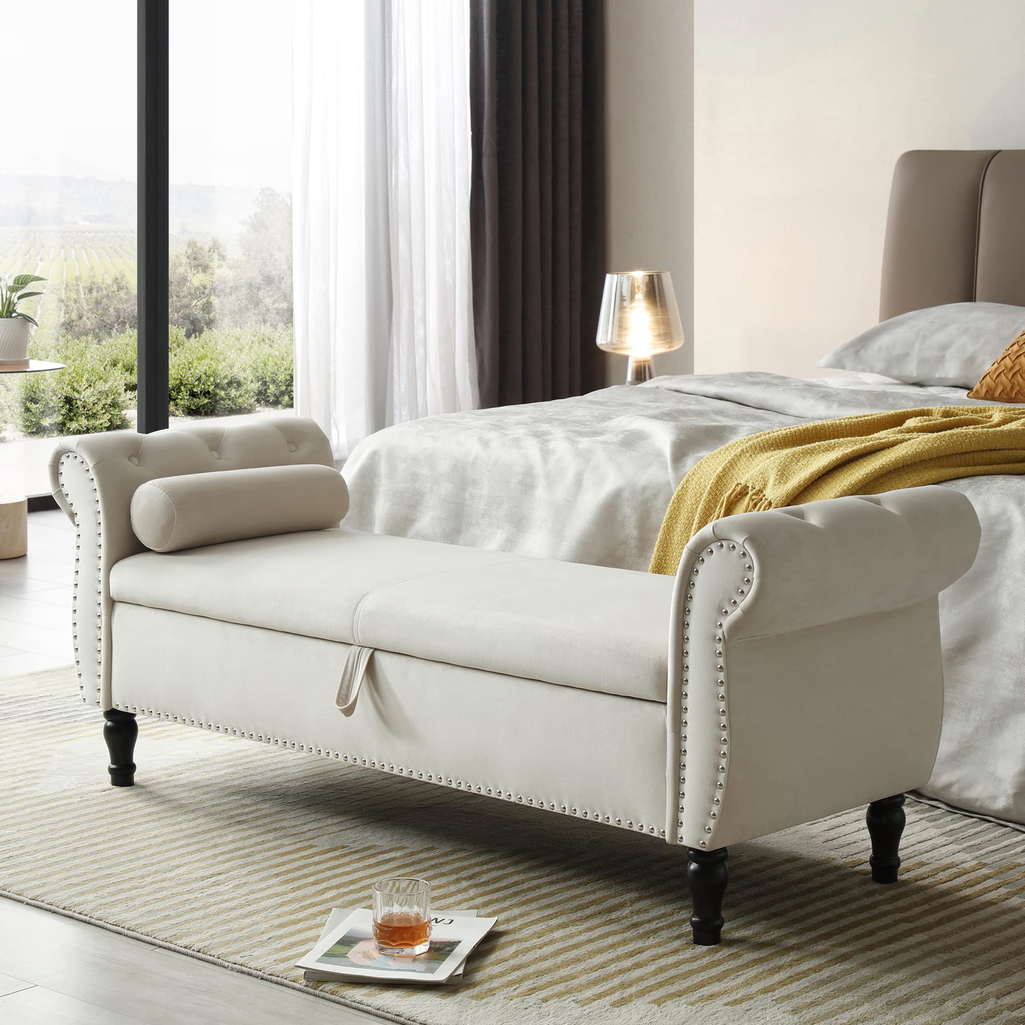 Homtique Velvet Storage Ottoman Bench with Nailhead Trim - Large Upholstered Footstool with Hidden Storage for Living Room, Bedroom & Entryway (Beige) | Perfect for Extra Seating, Footrest & Home Organization