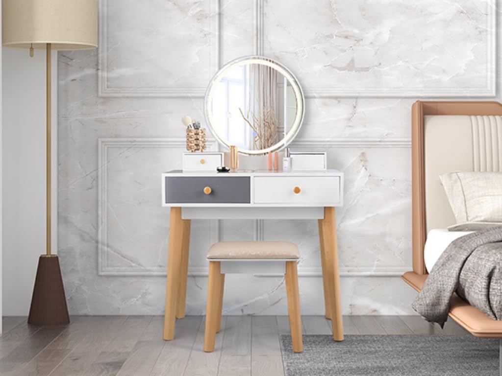 MAT EXPERT Vanity Desk Set with LED Mirror & Drawers - White Modern Dressing Table with Padded Stool, 3-Color Touch Screen Dimming Light & 4 Storage Drawers - Solid Wood Makeup Vanity for Bedroom, Home Decor & Beauty Routine