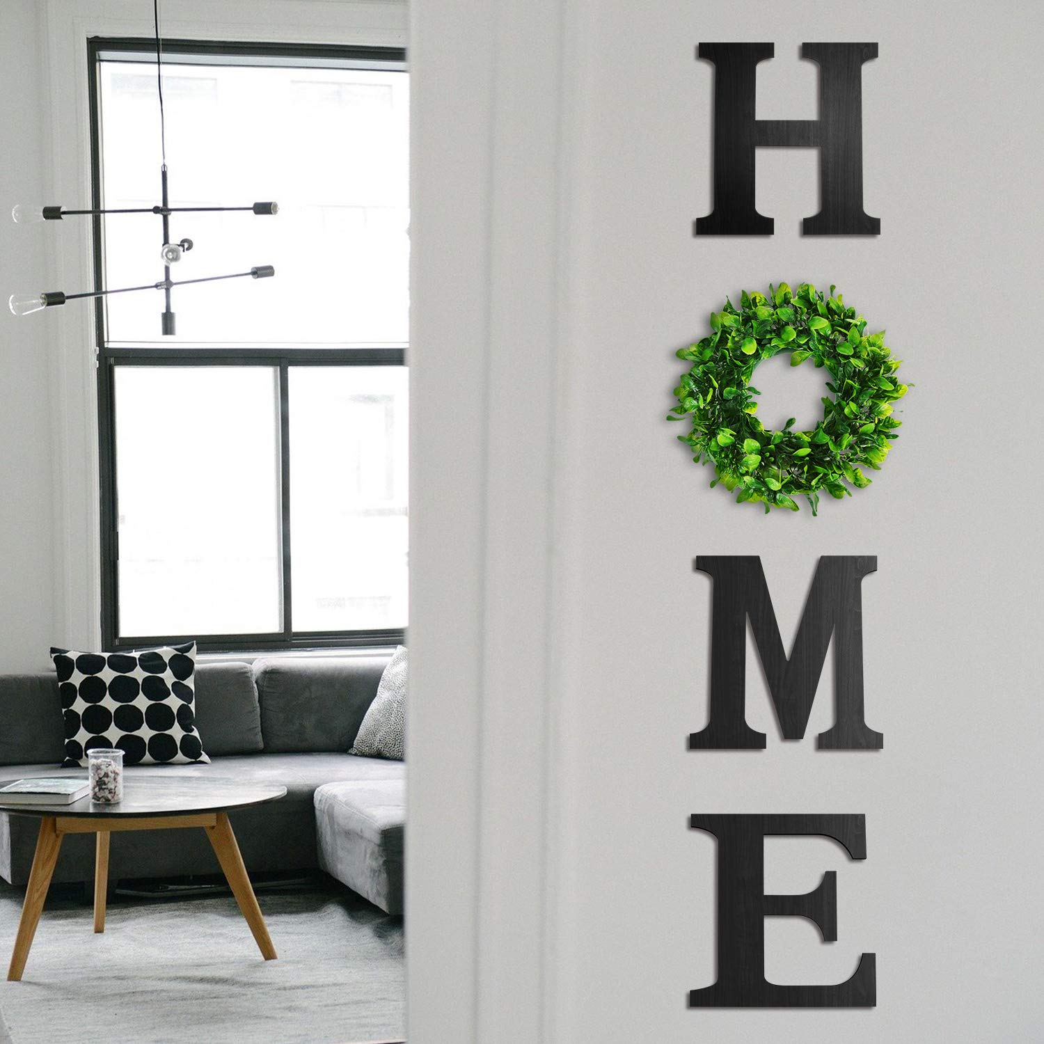 12 Inch Black Wooden Home Letters with Wreath Wall Decor - Modern Farmhouse Style for Living Room, Entryway, Kitchen - Perfect Housewarming Gift, Wedding Decor, and Seasonal Home Decoration