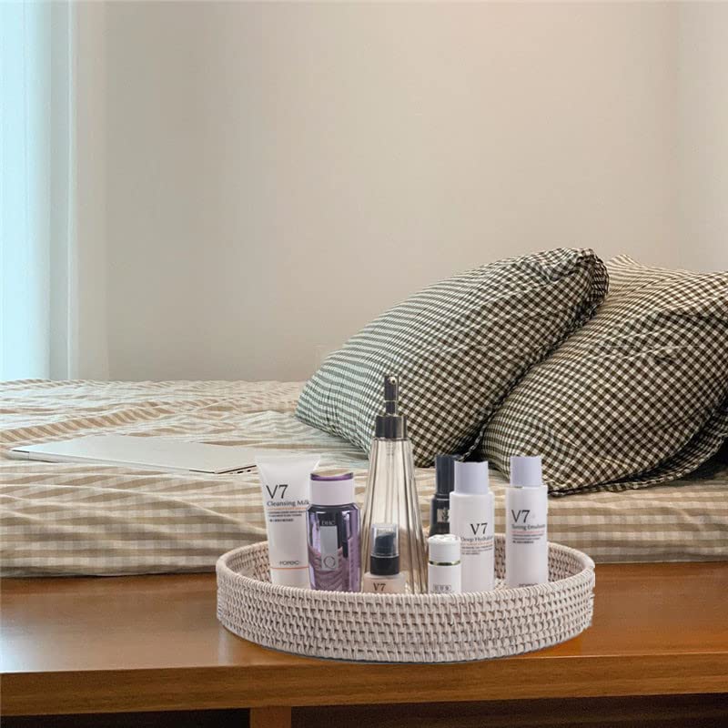 14.2 Inch Round Rattan Tray - Woven Serving Tray with Handles, Whitewashed Ottoman Tray, Wicker Basket for Coffee Table, Dining, and Home Decor | Perfect for Breakfast in Bed, Living Room Storage, and Party Serving (Whitewash, 14.2 Inch)