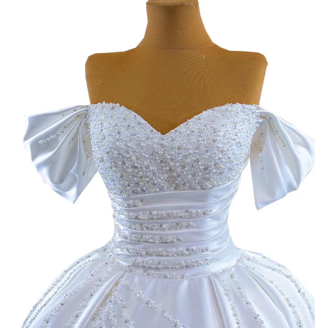 2025 Elegant Pearl Crystal Ball Gown Wedding Dress for Bride | Off-Shoulder Satin Corset Bridal Gown | Perfect for Formal Weddings, Prom & Special Occasions