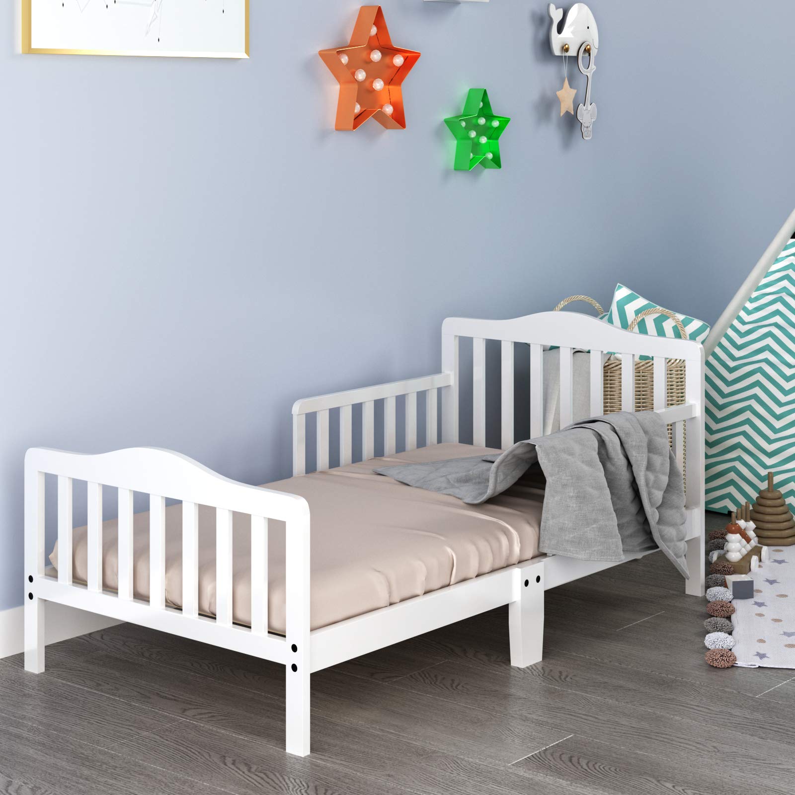 HONEY JOY Toddler Bed Frame - Solid Rubber Wood with Safety Guardrail, Fits Full Size Crib Mattress (Not Included) | Classic Kids Bedroom Furniture for Boys & Girls (White) - Perfect for Nursery, Daycare & Children's Bedrooms