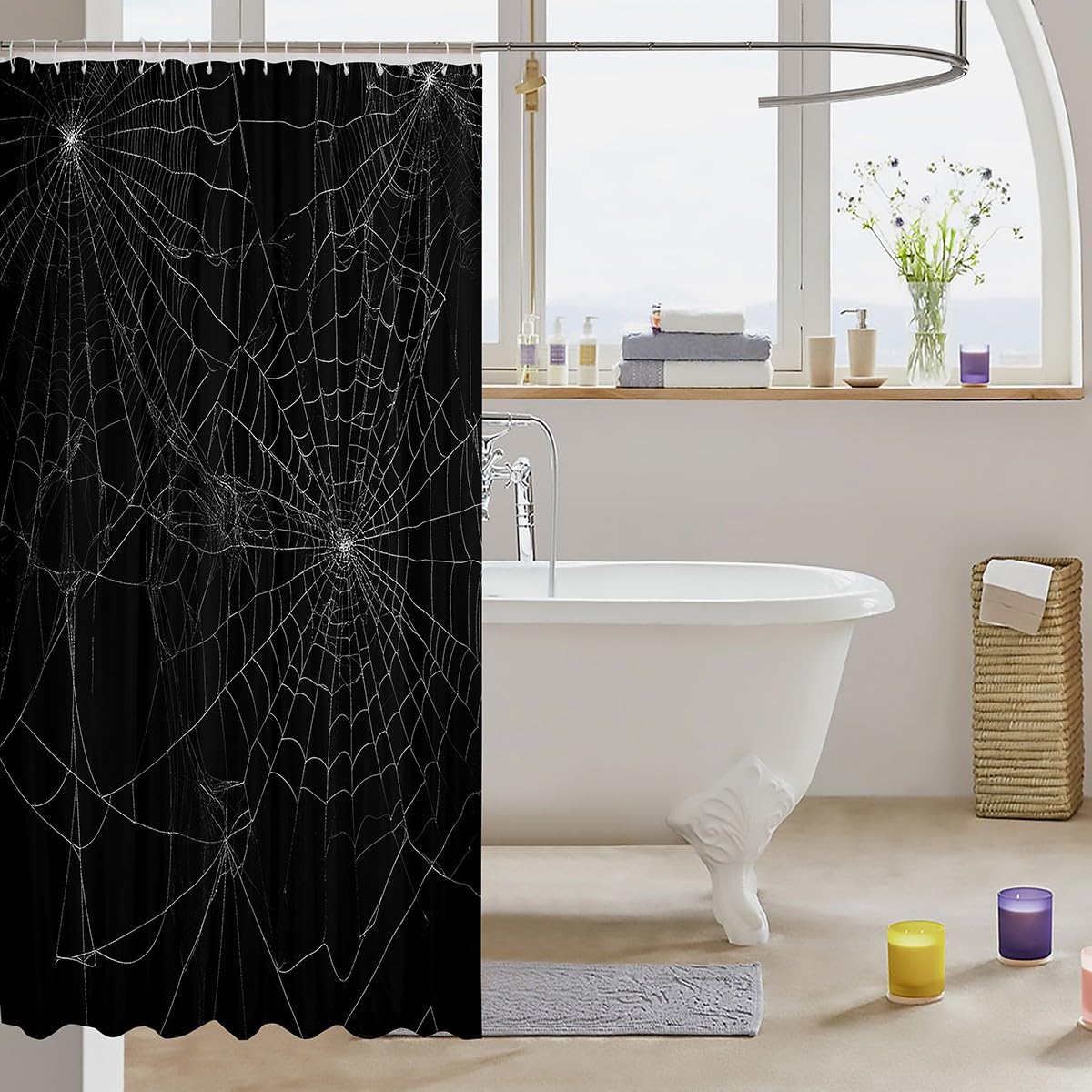 Spider Web Bath Curtain - Halloween Themed Black & White Spider Print Shower Curtain Set, Waterproof Polyester Fabric (72x84 Inches) - Perfect for Halloween Decor, Bathroom Makeover & Spooky Party Themes