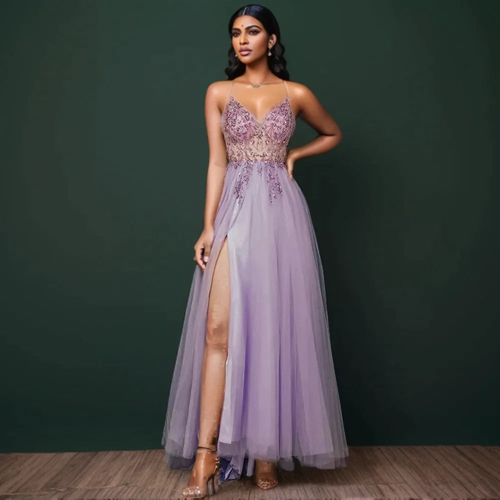 Elegant Sexy V-Neck Crystal Beaded Backless Evening Dress for Women - Formal Prom Gown with Spaghetti Straps in Purple | Perfect for Prom, Gala, Cocktail Party & Special Occasions