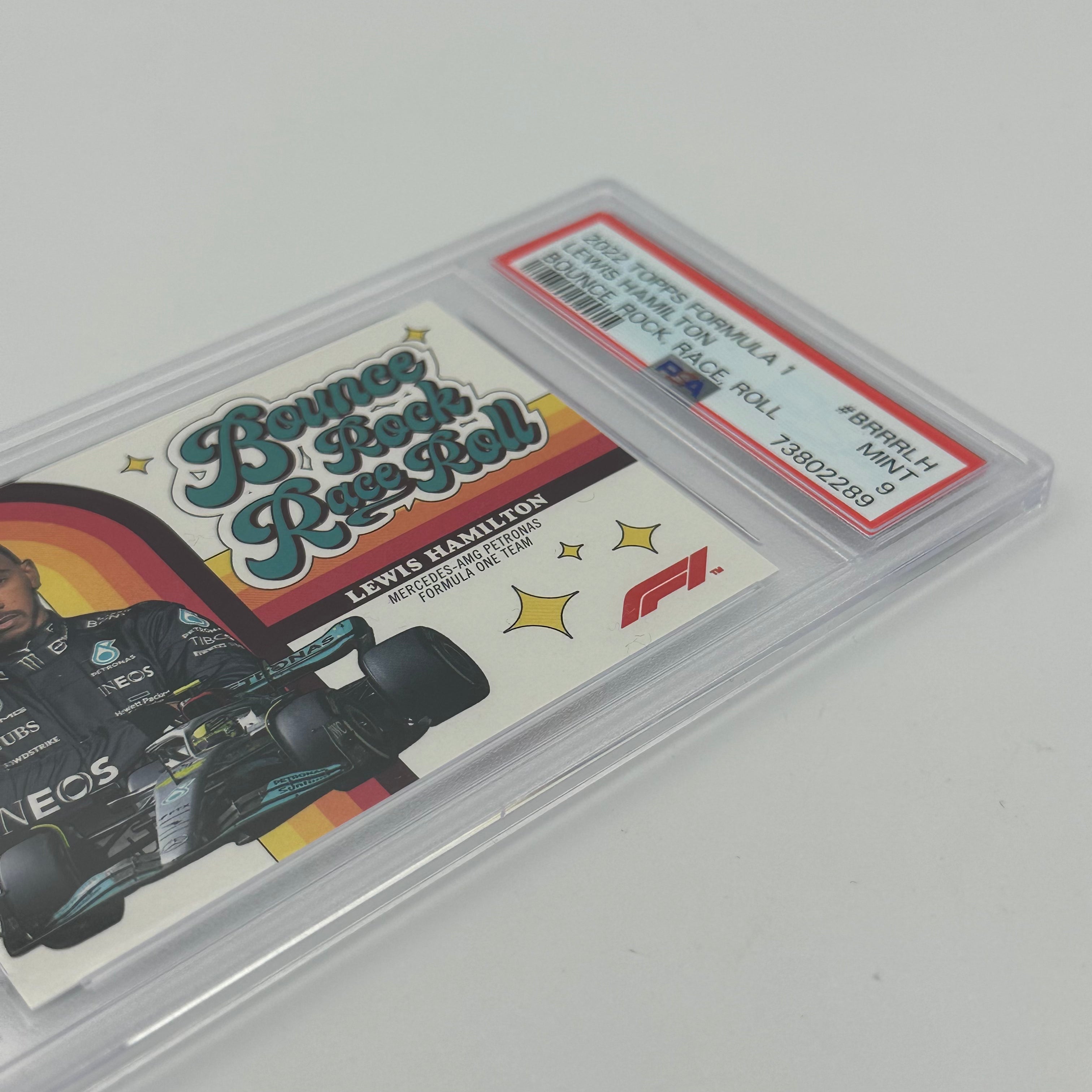 PSA 9 Graded Lewis Hamilton Bounce Rock Race Roll #BRRRLH - Rare F1 Trading Card for Collectors & Motorsport Fans - Perfect for Display, Investment & Memorabilia Collections