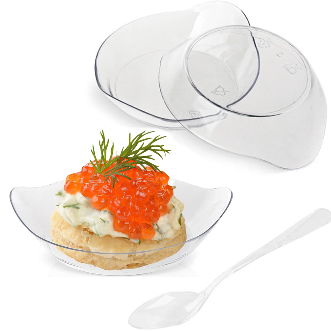 TOFLEN 100-Pack Mini Dessert Plates with Tasting Spoons - 3.1 x 2.6 Inch Small Clear Plastic Appetizer Plates - Reusable Leaf-Shaped Hors D'oeuvres Serving Dishes for Parties, Weddings, and Catering Events