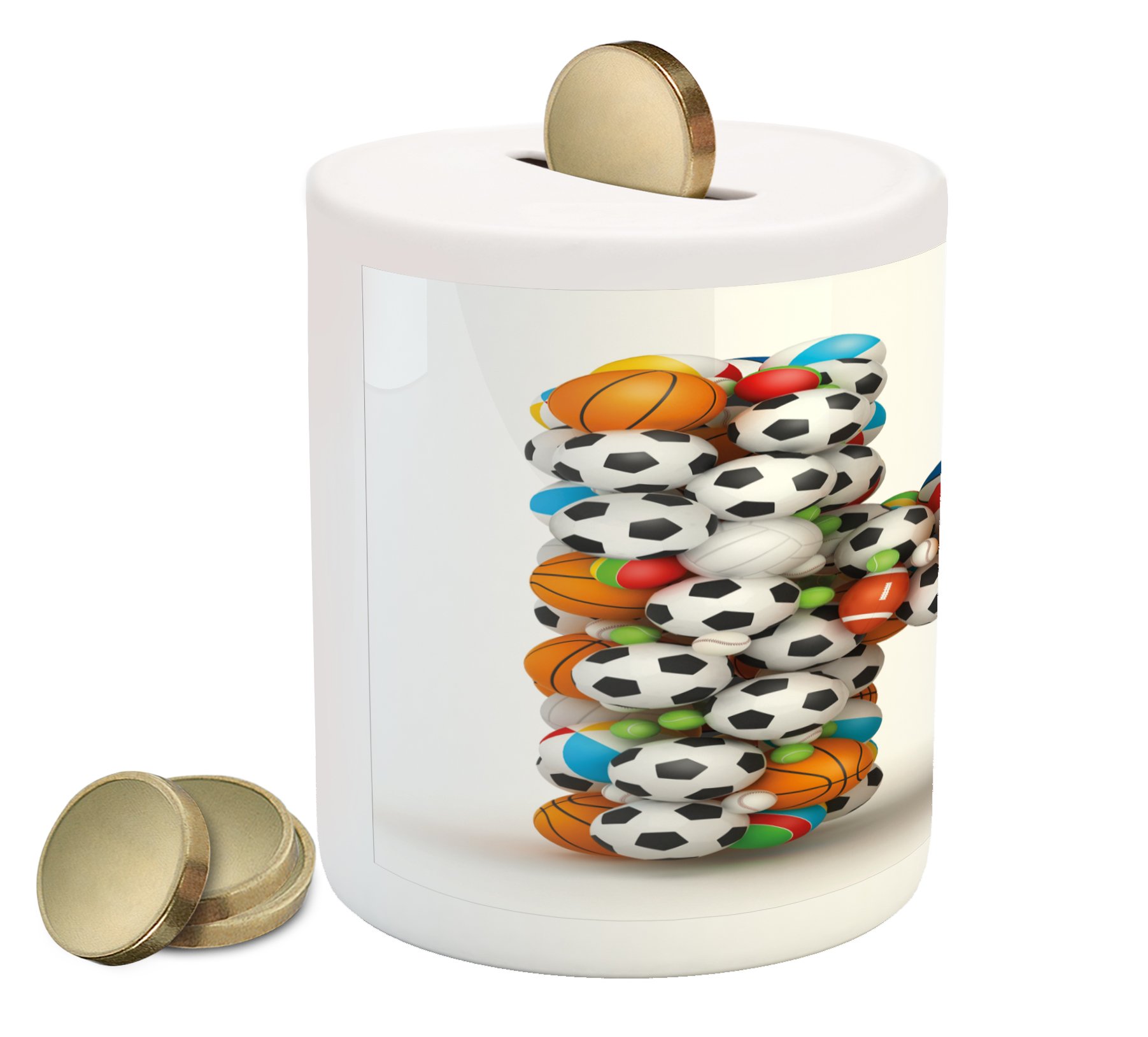 Ambesonne Letter H Ceramic Piggy Bank - Sports Theme Alphabet Gaming Balls Design, Money Saving Coin Bank for Cash & Coins - Perfect Gift for Gamers, Sports Fans & Collectors (Multicolor)