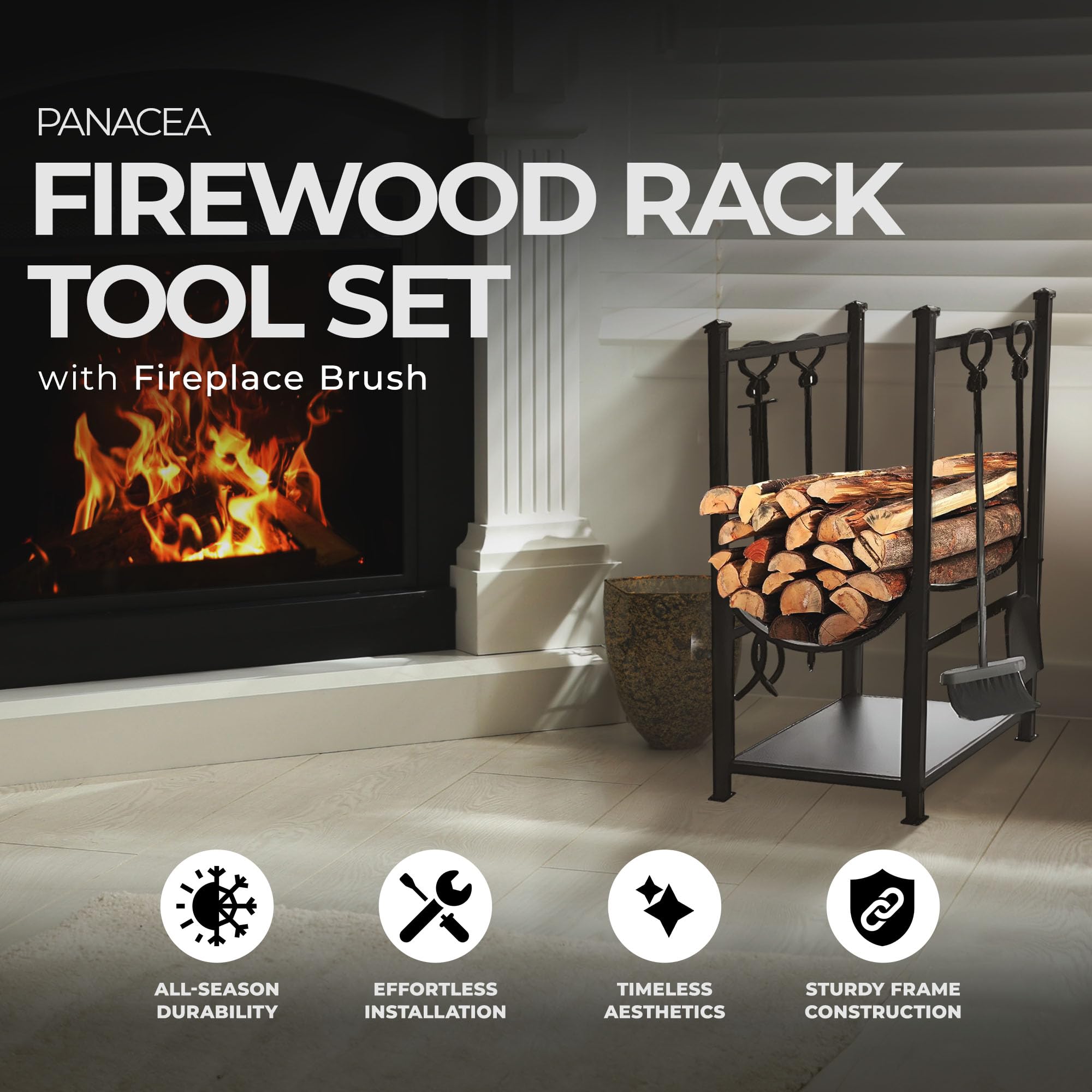 Panacea 15234 Black Log Bin and Fireplace Tool Set with 4-Piece Accessories - Perfect for Fireplace Maintenance, Wood Storage & Outdoor Camping