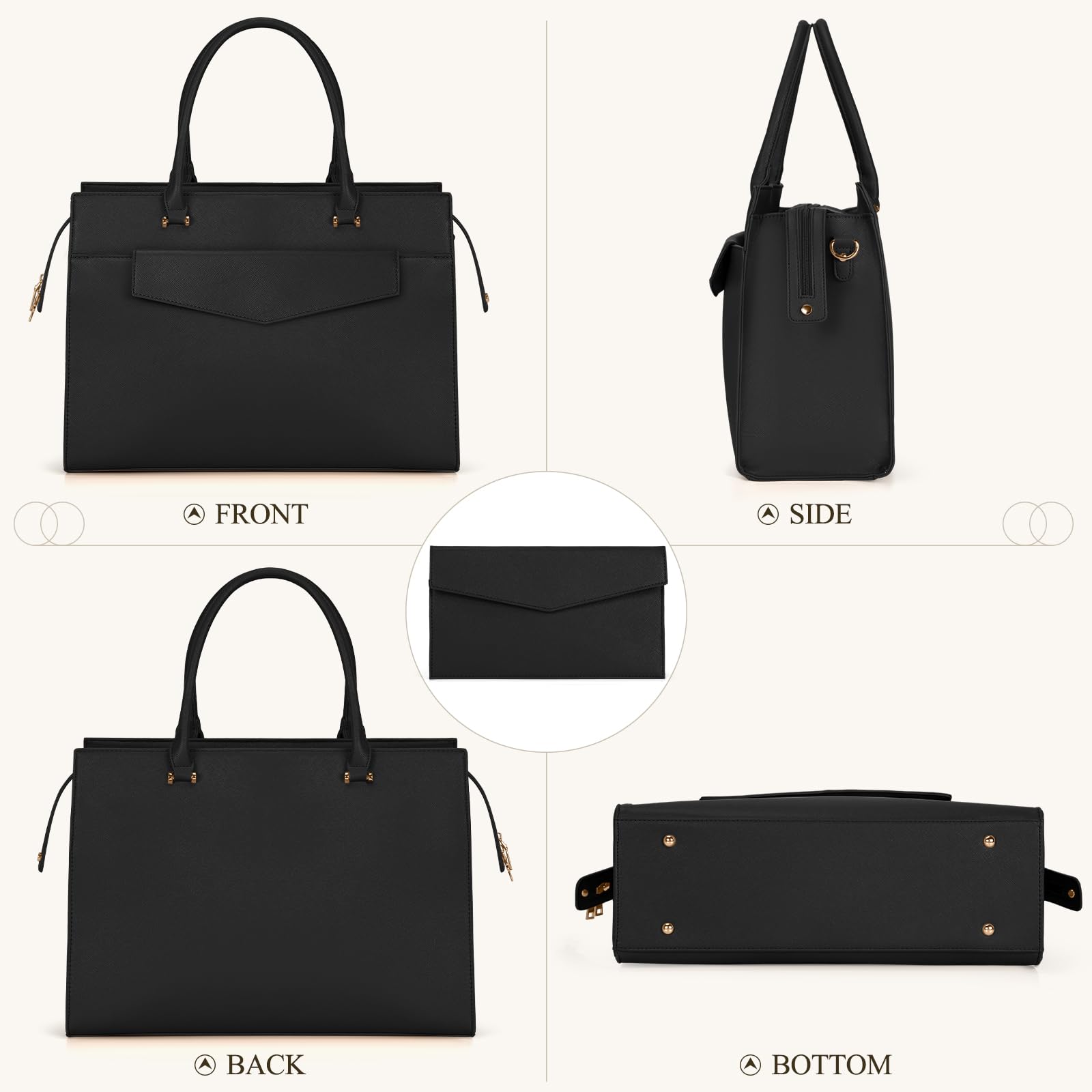 Stylish 15.6 Inch Leather Laptop Tote Bag for Women - Professional Work Bag with Matching Clutch Purse (2-Piece Set) - Perfect for Office, Business Travel, Teaching & Daily Commute - Black