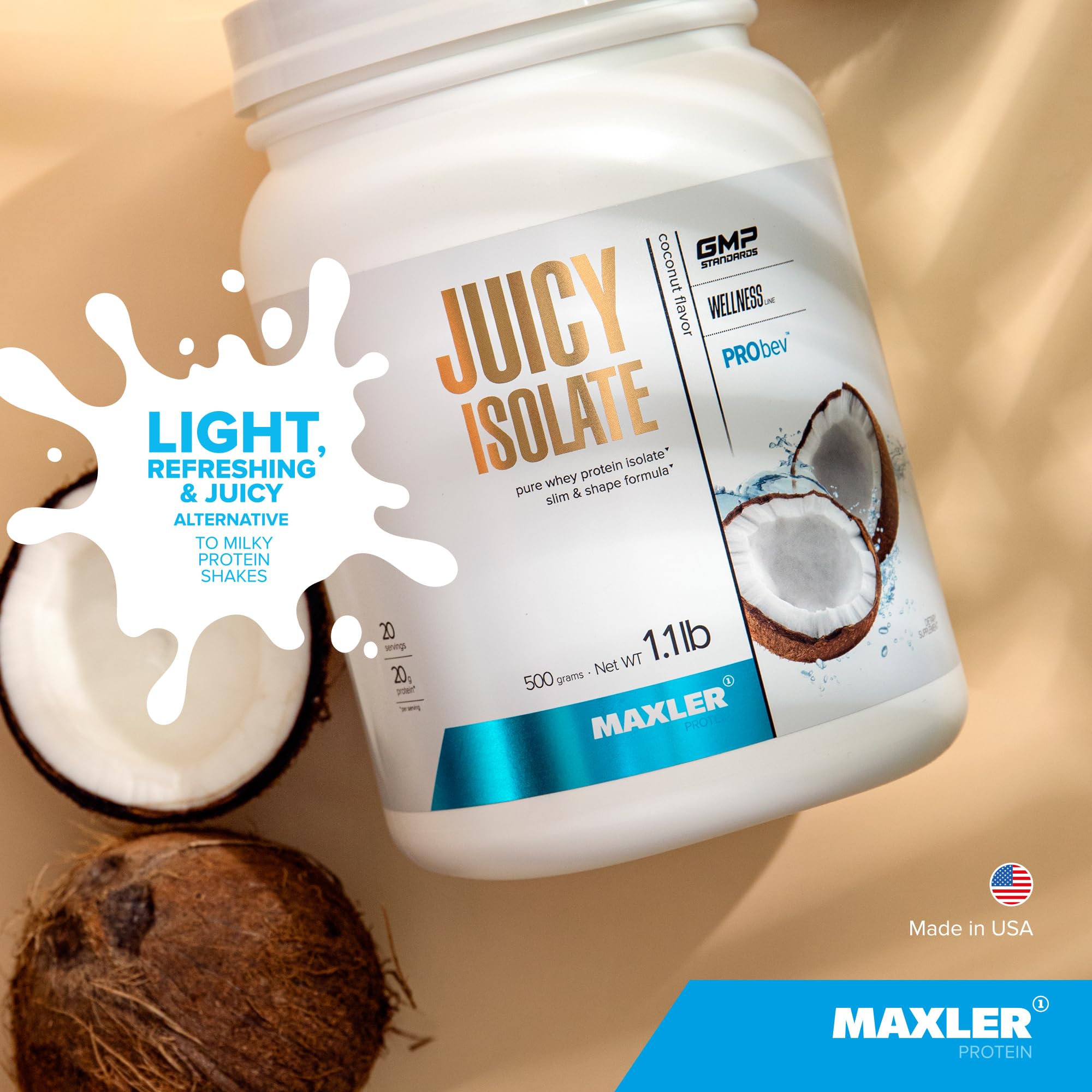 Maxler Juicy Isolate Whey Protein Powder - Low Lactose, Fat Free, Sugar Free Muscle Recovery Drink for Pre & Post Workout - 90% Protein per Serving - Coconut Flavor 1.1 lb (20 Servings) - Perfect for Gym, Fitness & Bodybuilding Recovery