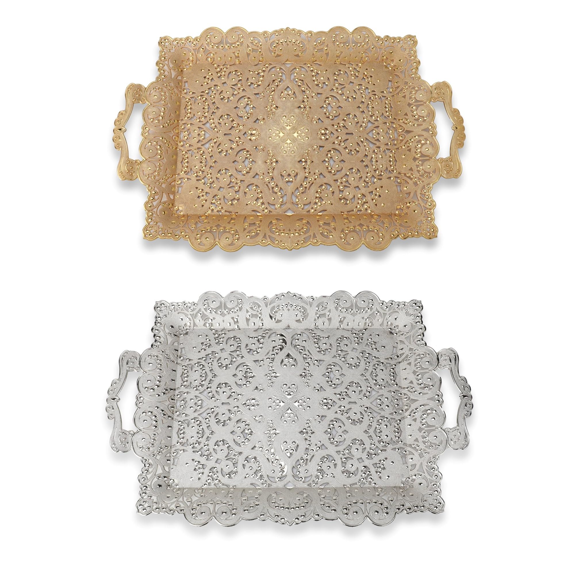 Authentic Turkish Ottoman Style Double Zamak Serving Tray Set (2-Piece) - Gold & White Decorative Coffee Tea Beverage Tray with Intricate Patterns - Perfect for Home Decor, Gift Giving & Entertaining Guests