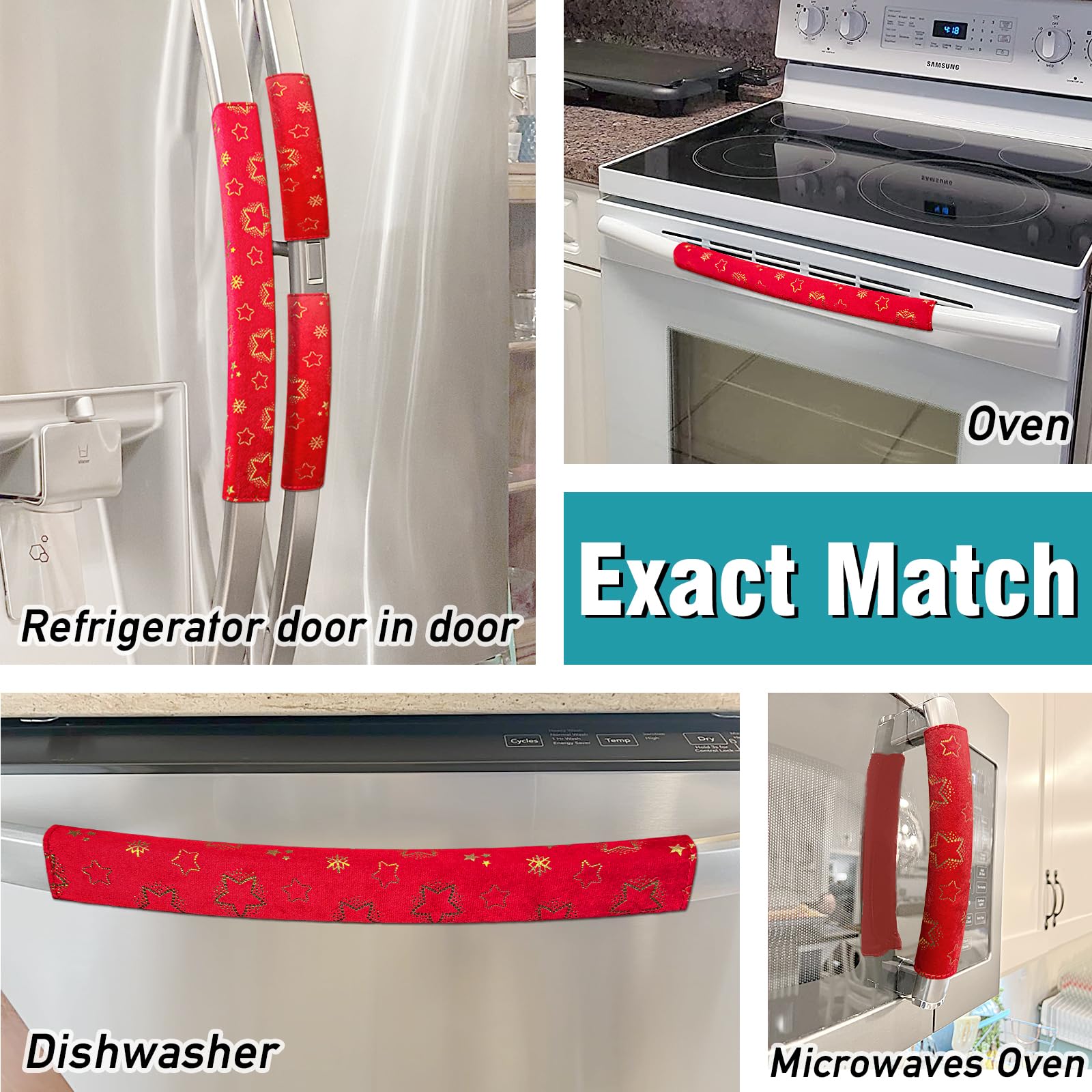 Non-Slip Fridge Handle Covers Set of 6 - Washable for Kitchen & Dishwasher (Red Christmas) - Keep Appliances Clean