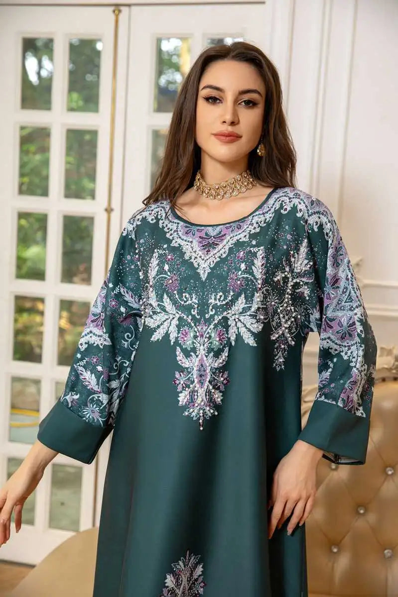 Hotfix Rhinestone Eid Caftan Dress for Women - Elegant Kaftan Jalabiya for Parties, Weddings & Special Occasions