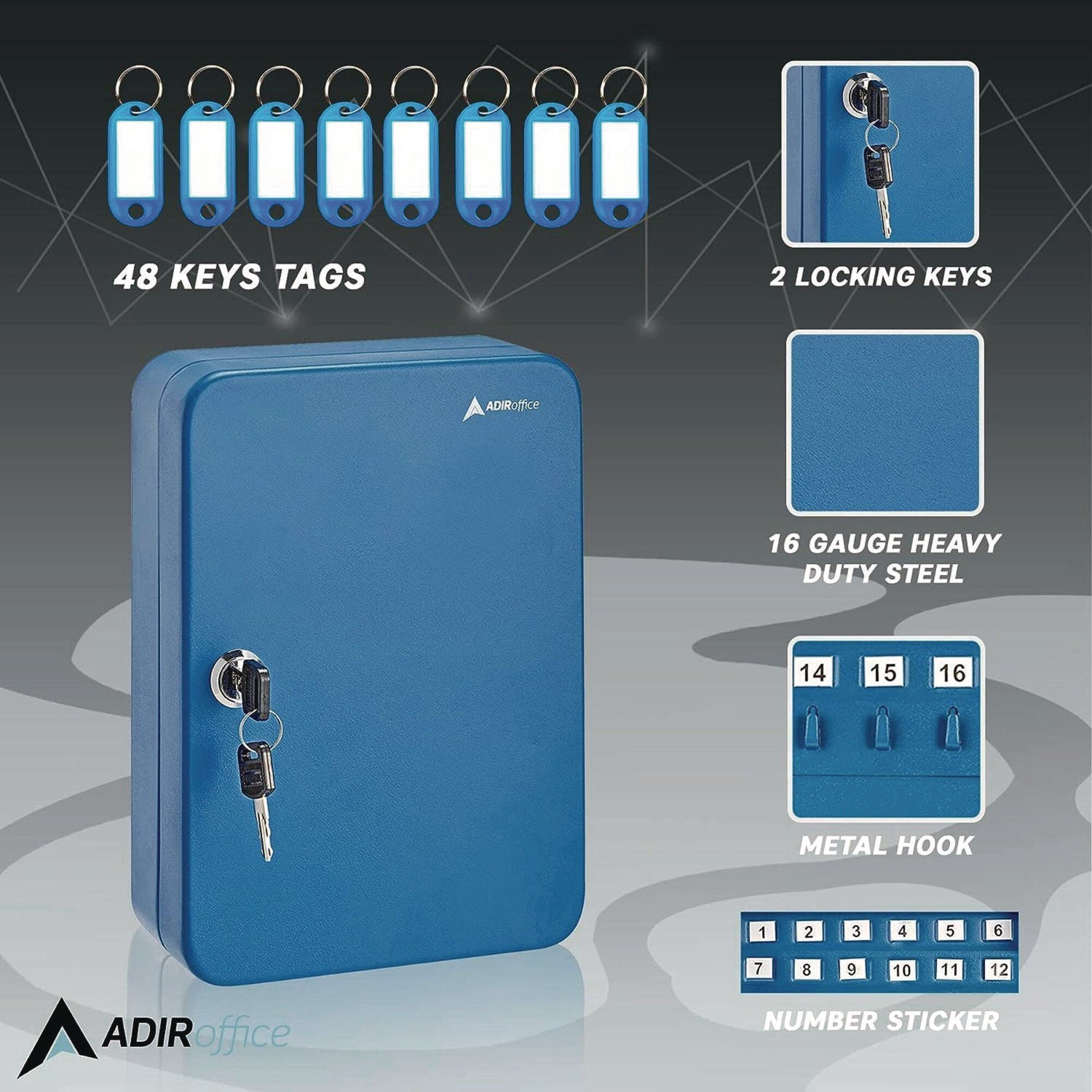 AdirOffice 48-Key Steel Secure Key Cabinet with Key Lock - Stainless Steel 304 Key Storage Box (7.1