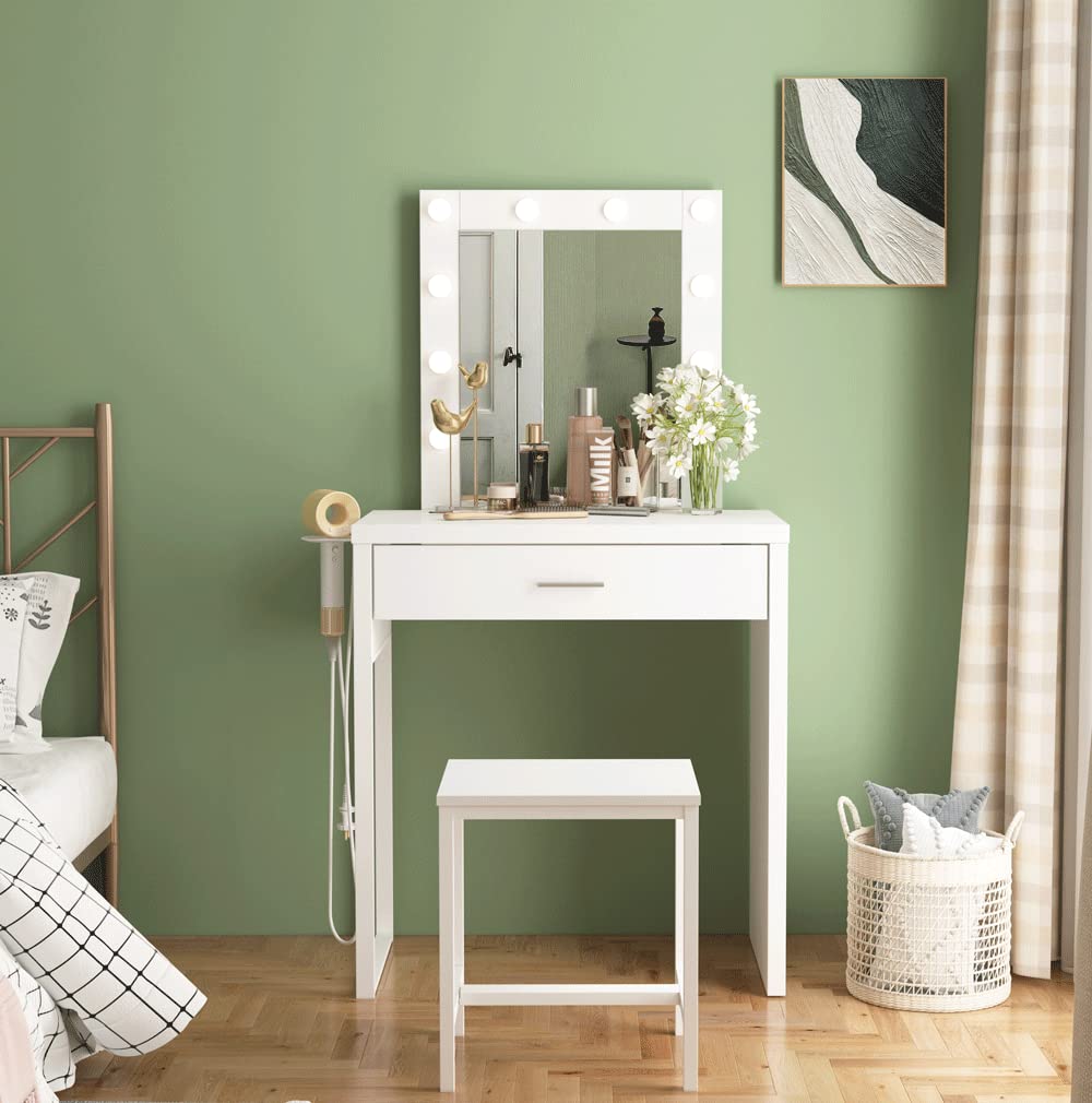 White Makeup Vanity Desk with Mirror & 10 LED Lights - Small Vanity Table & Chair Set for Bedroom, 27.6 Inch Dressing Table for Makeup, Skincare & Hair Styling - Perfect for Home, Apartment & Beauty Salon Use