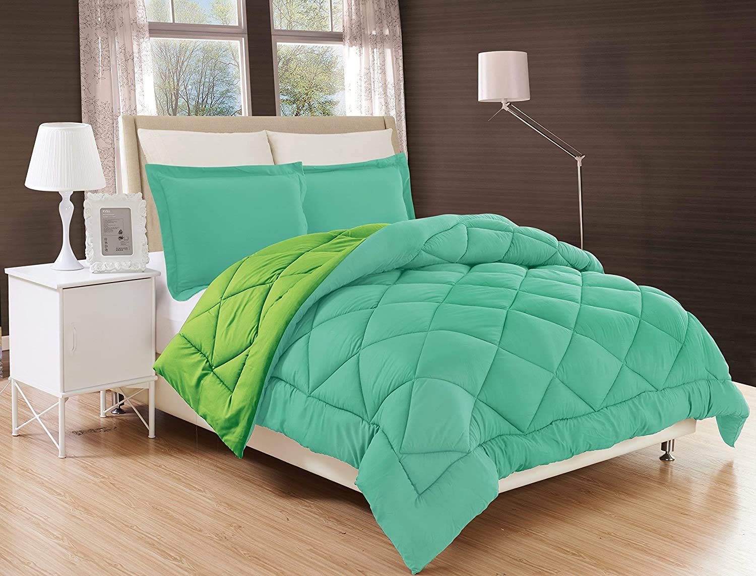Premium 500 GSM Down Alternative Reversible 3-Piece Comforter Set - 100% Cotton Lightweight All-Season Bedding with Box Stitching & Corner Tabs (1 Comforter + 2 Pillow Shams) - Twin XL Size in Aqua/Lime - Perfect for Guest Rooms, Dormitories & Cozy Bedroom Decor