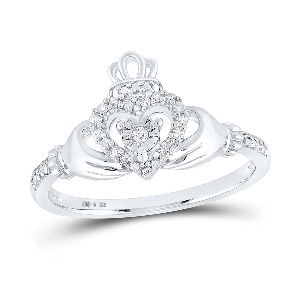 Sterling Silver Women's Round Diamond Claddagh Heart Ring - 1/12 CTTW Genuine Diamond, Irish Love Symbol Jewelry for Anniversary, Wedding & Valentine's Day Gifts
