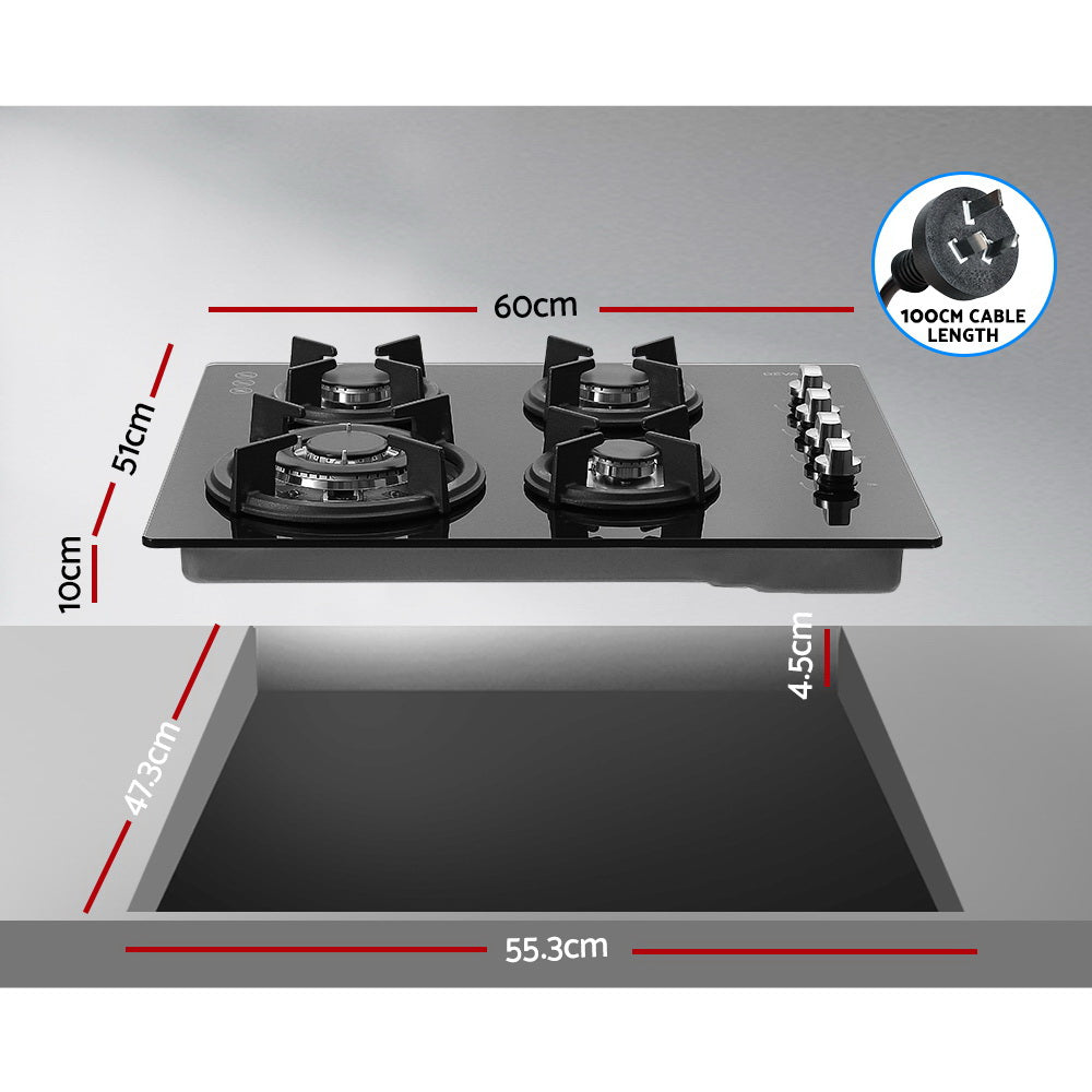 Devanti 60cm Black Gas Cooktop Stove Hob - 4 Burner Gas Stove for Home Kitchen Cooking, Grilling & Frying