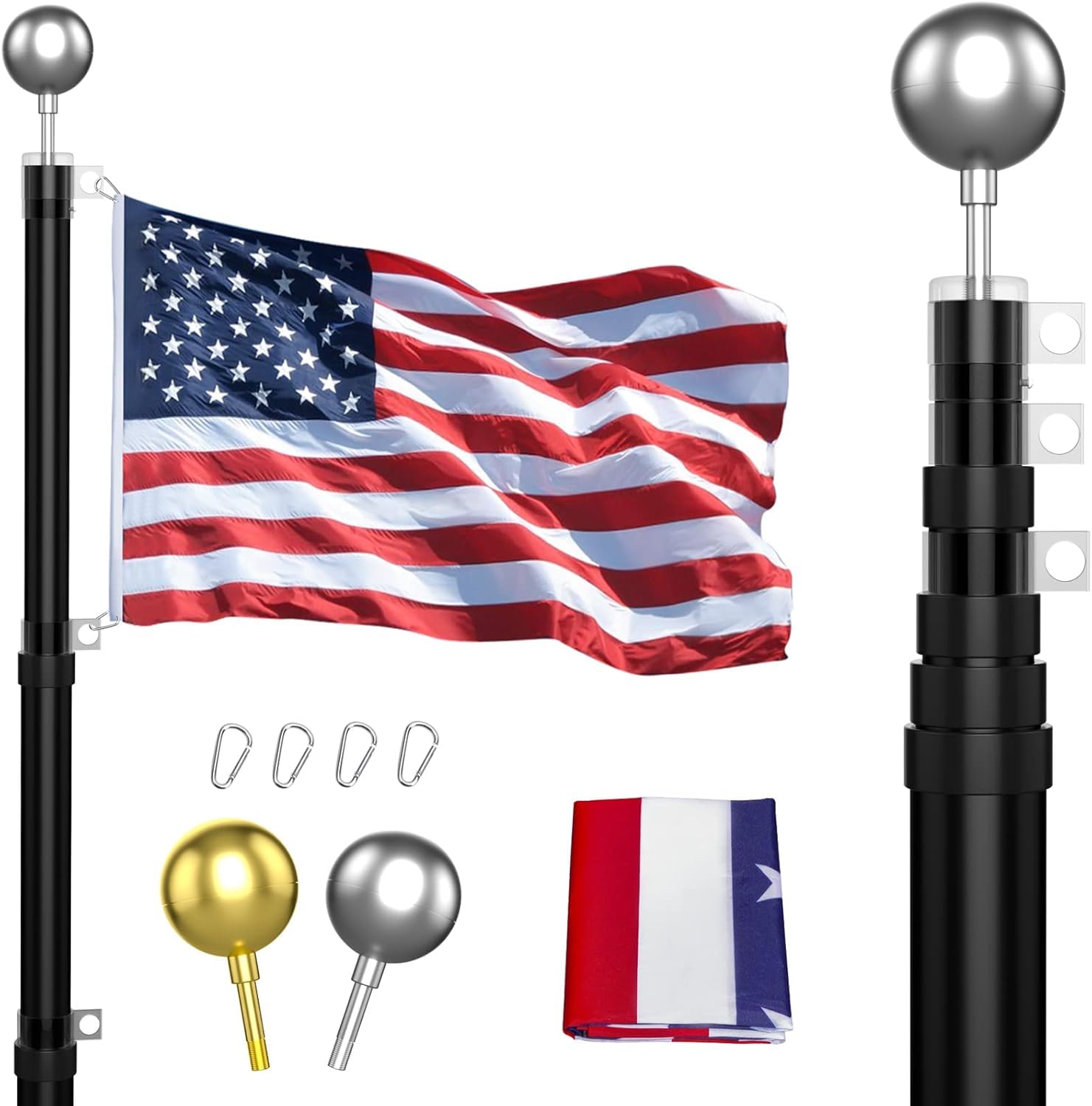 20FT Heavy Duty Telescoping Flag Pole Kit - 14 Gauge Aluminum Inground Flagpole with 3x5 American Flag | Fly 2 Flags | Weather-Resistant for Residential, Yard & Commercial Use | Perfect for Patriotic Displays, Sports Events & Business Branding