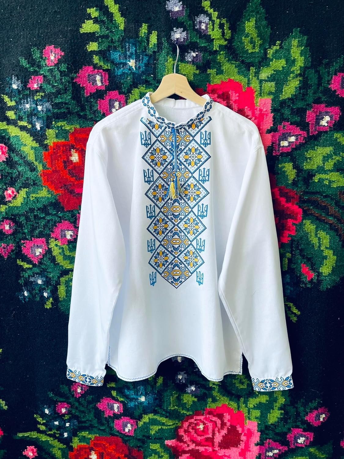 Authentic Ukrainian Vyshyvanka Embroidered Shirt for Men & Women | Yellow & Blue Traditional Trident Design | Unisex Folk Clothing | Family Matching Outfits | Sizes XXS-7XL | Perfect for Cultural Events, Weddings & Ethnic Festivals