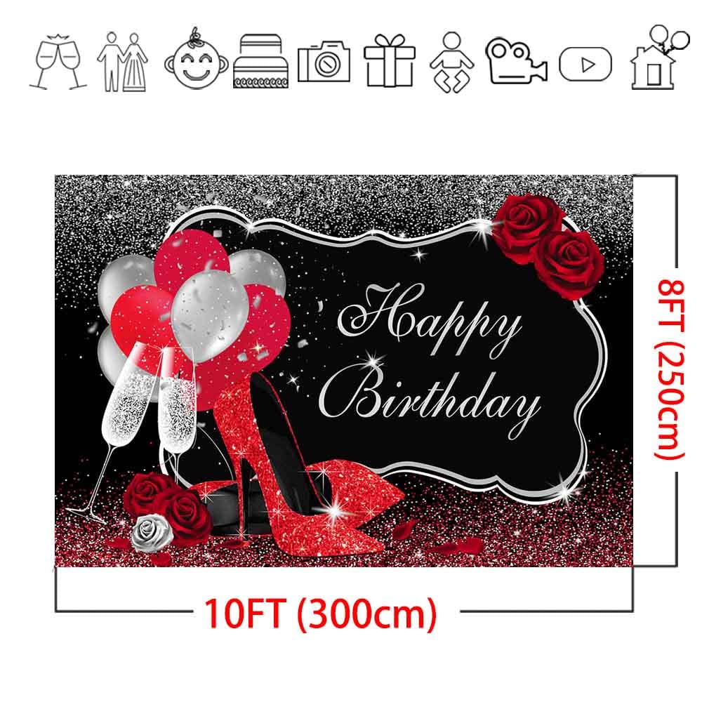 Glitter Red High Heels Birthday Backdrop - 10x8ft Black Silver Champagne Balloons Photography Background for Sweet 16, 21st, 30th, 40th Birthday Parties, Cake Table Decor & Photo Shoots - Perfect for Bachelorette, Anniversaries, and Special Celebrations