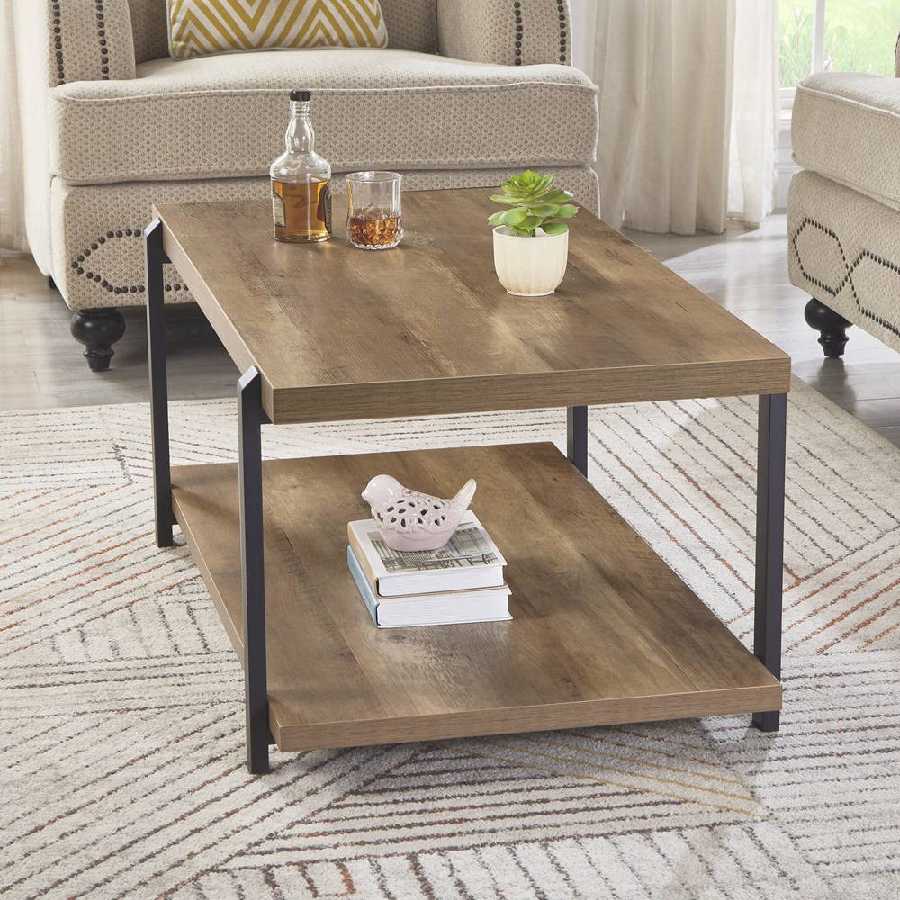 Rustic Industrial Coffee Table with Shelf - Solid Wood and Metal Cocktail Table for Living Room, Bedroom, Office - Oak Finish, Farmhouse Style Home Decor