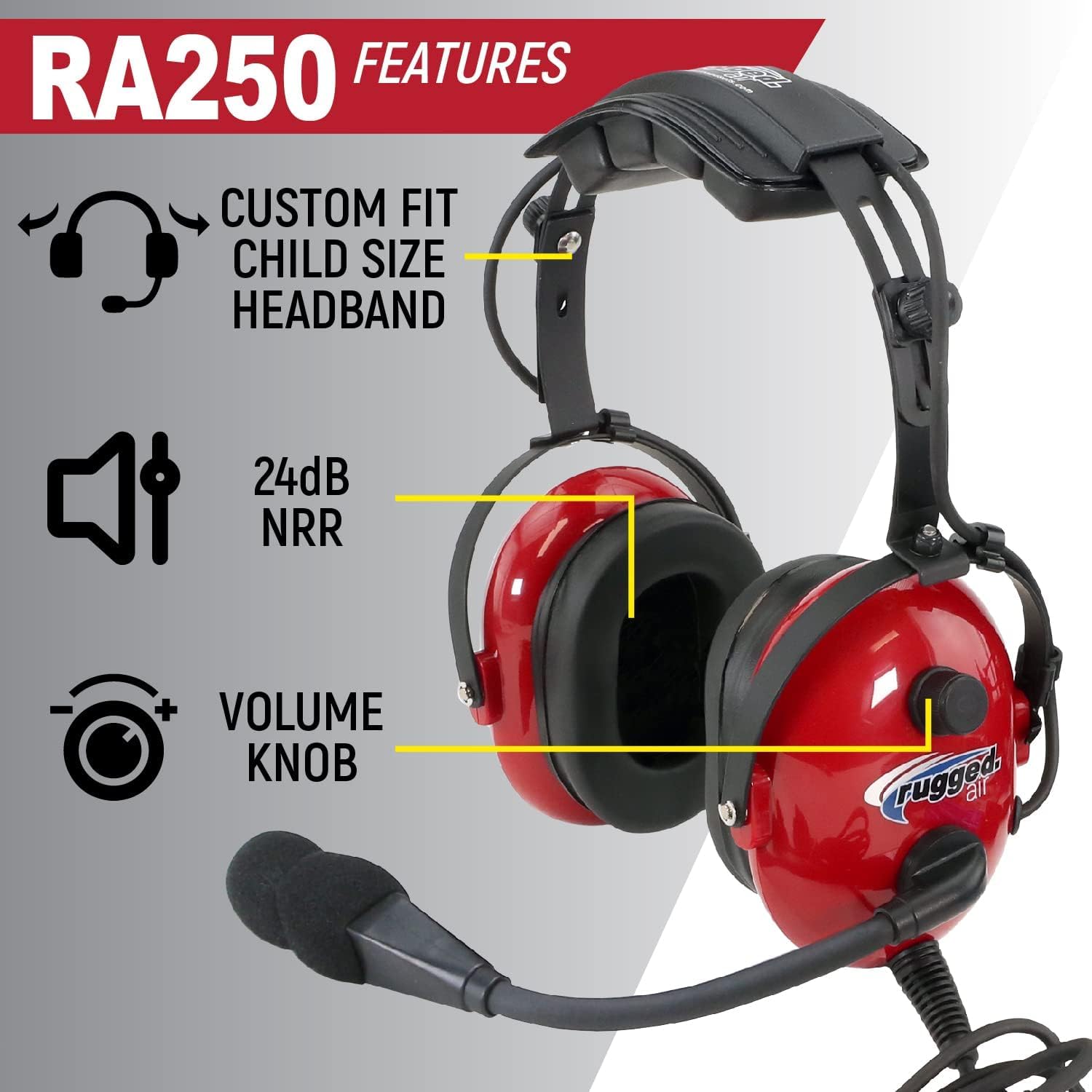Rugged Air RA250 Child Size Aviation Pilot Headset - Noise Canceling Microphone, Clear Hear Speakers, Foam Ear Seals, Custom Fit Headband, Free Bag - Perfect for Young Pilots and Airplane Passengers