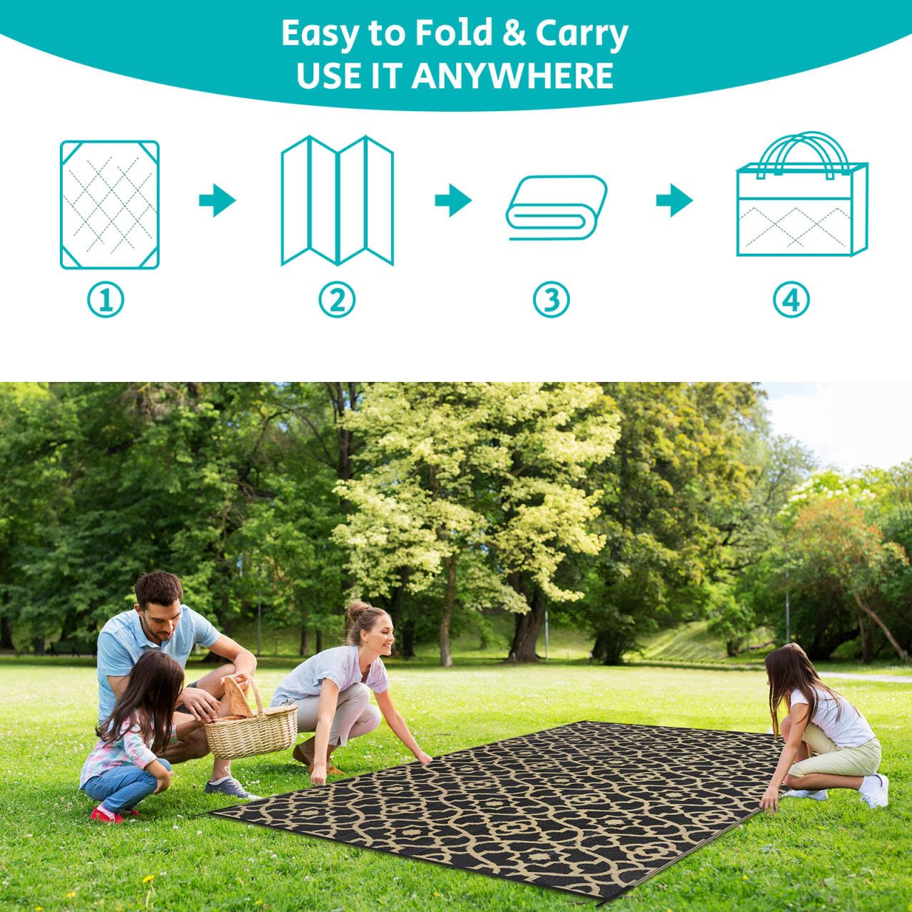 HEBE 5'x8' Waterproof Reversible Outdoor Rug - Durable Plastic Straw Patio Mat for RV, Camping, Deck, Porch, Balcony & Backyard | Perfect for Outdoor Gatherings, Picnics & Relaxation