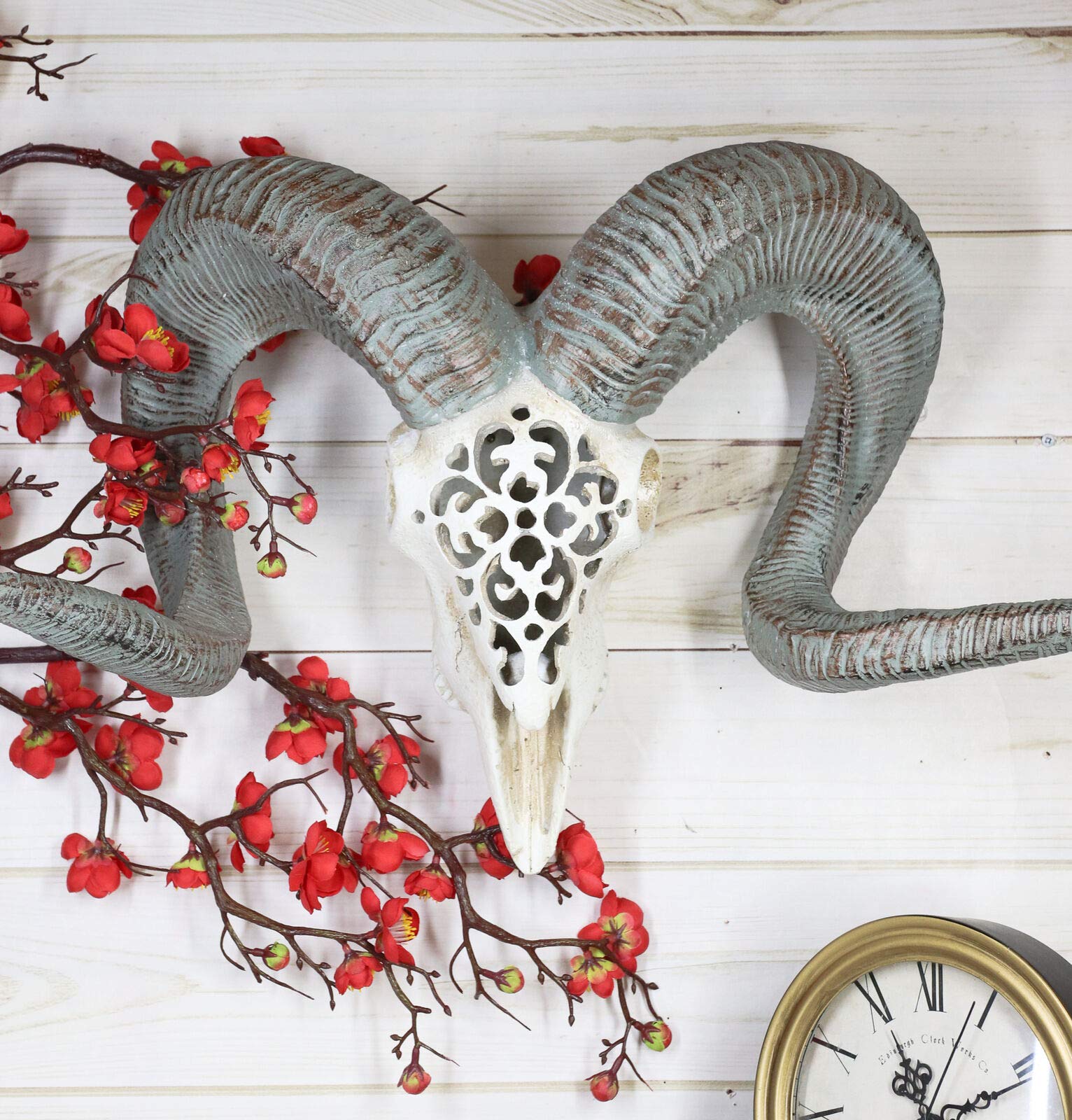 Rustic Large Bighorn Ram Skull Wall Decor with Tooled Filigree Patterns - 20