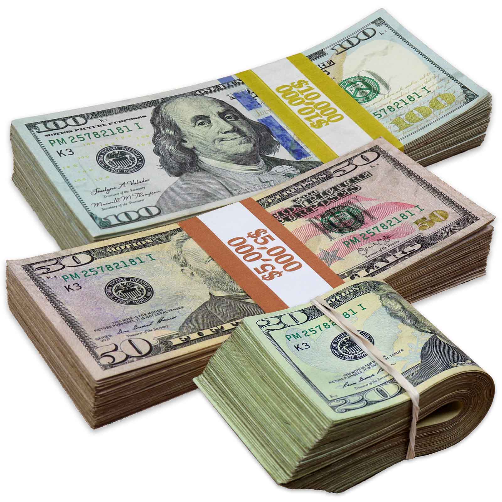 $17,000 RealAged™ Full Print New Series Stacks & Band Pack - Authentic Looking Prop Money for Movies, Videos & Photography