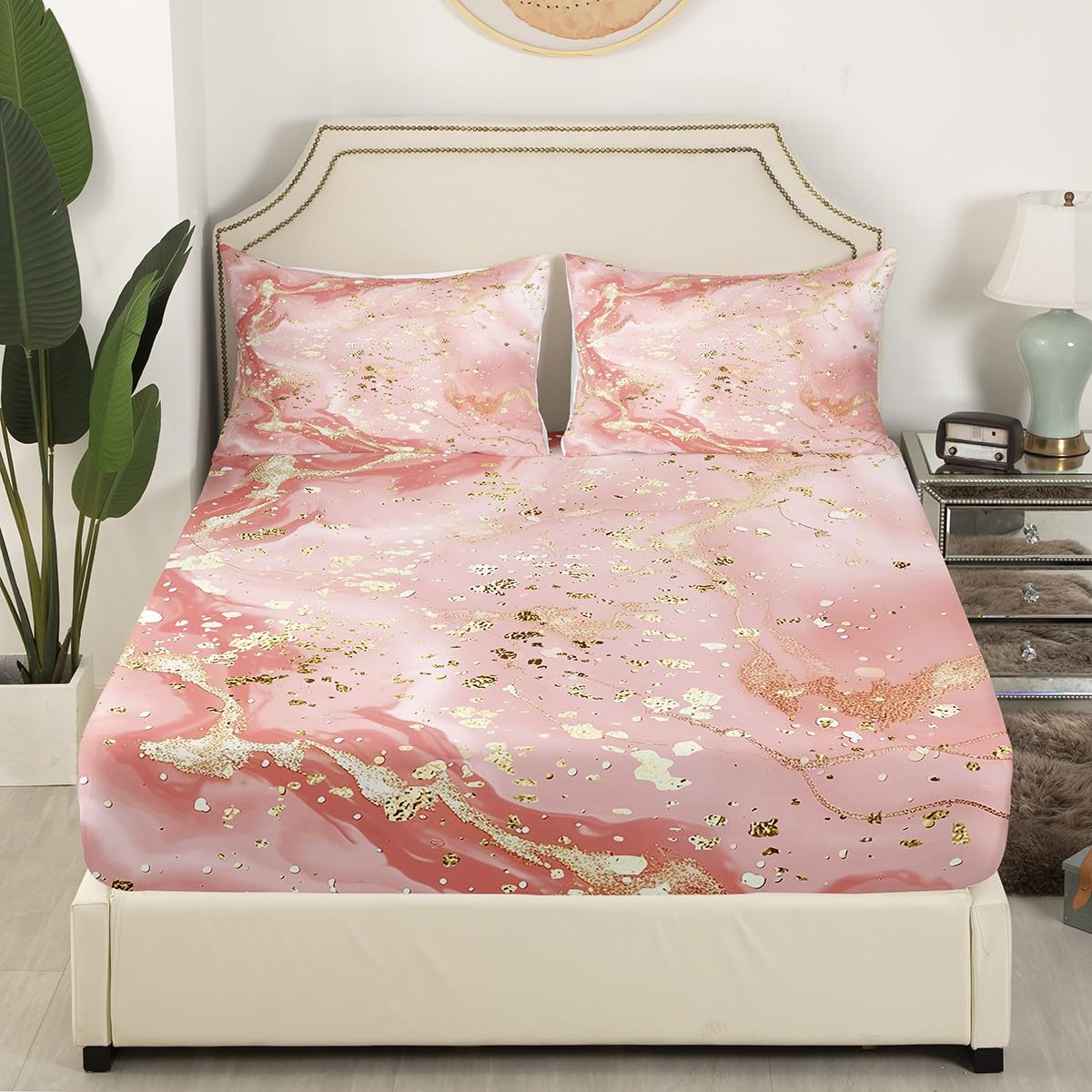 Abstract Marble Texture Pink & Gold Sequins Bed Sheet Set - Twin Size Microfiber Fitted Sheet & Pillowcase (2pc) for Modern Bedroom Decor | Soft Luxury Bedding for Teens, Dorms & Guest Rooms