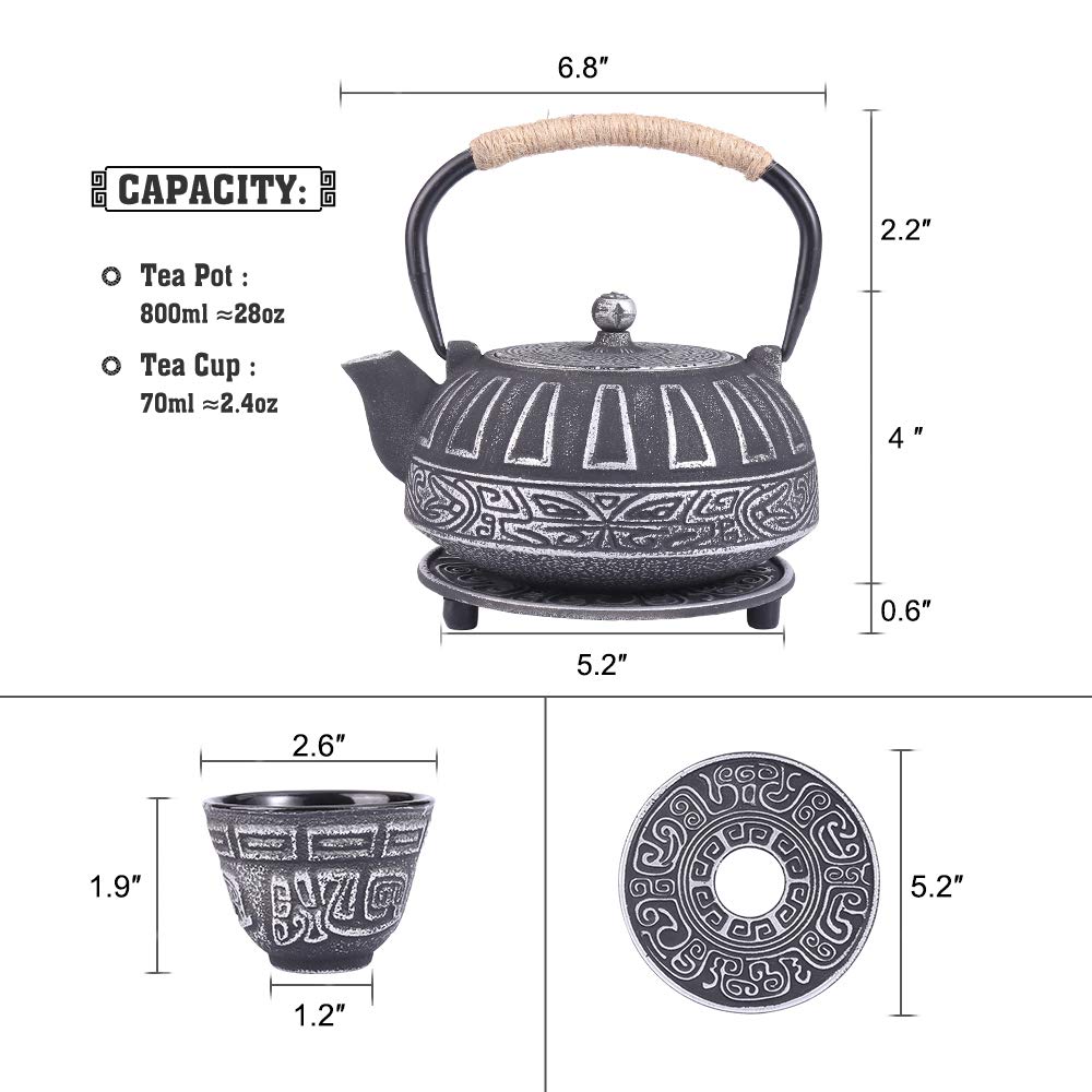 Premium Japanese Style Cast Iron Teapot Set with Infuser - 28oz Enameled Interior Tea Kettle & 4 Matching Teacups - Stovetop Safe Black Iron Teapot - Perfect for Tea Ceremonies, Home Decor & Thoughtful Gifts