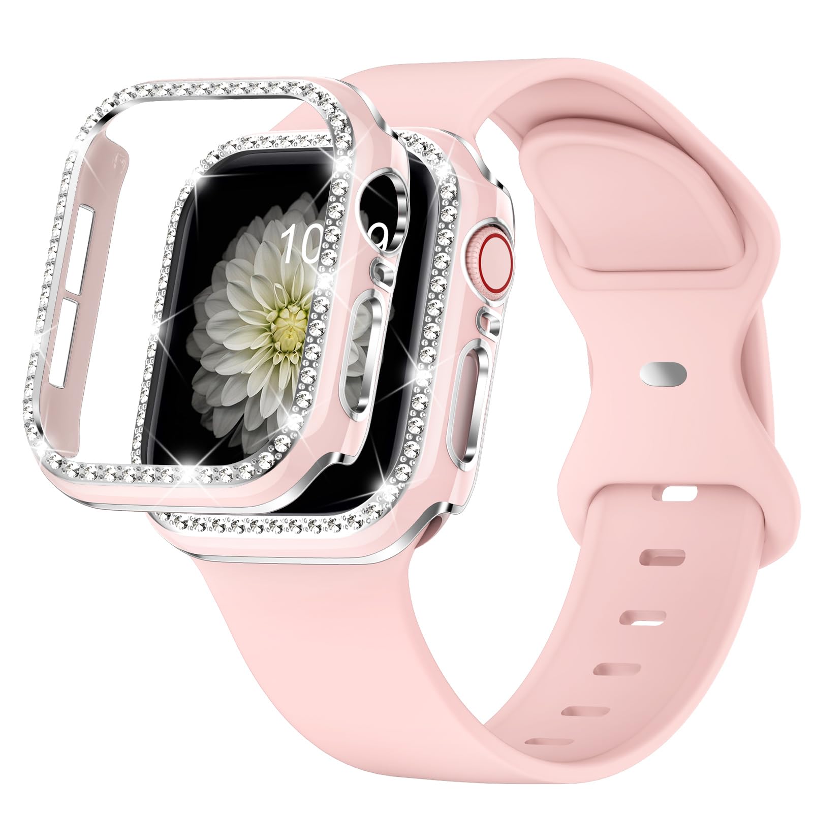 XYF Pink Glitter Apple Watch Band with Bumper Case - Compatible with iWatch SE Series 10/9/8/7/6/5/4/3/2/1 & 38mm 40mm 42mm 44mm 45mm 46mm - Soft Silicone Strap for Women - Perfect for Workouts, Daily Wear & Fashion Accessories