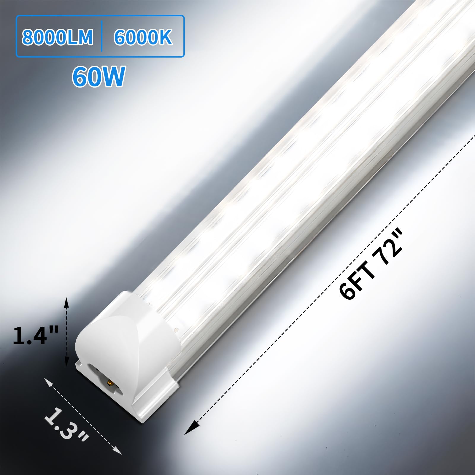 4-Pack Linkable 6FT LED Shop Lights for Garage - 60W T8 Integrated Tube Fixture, 8000LM Daylight White (6000K), V-Shape Clear Lens, Plug & Play - Perfect for Basements, Workshops, and Office Lighting