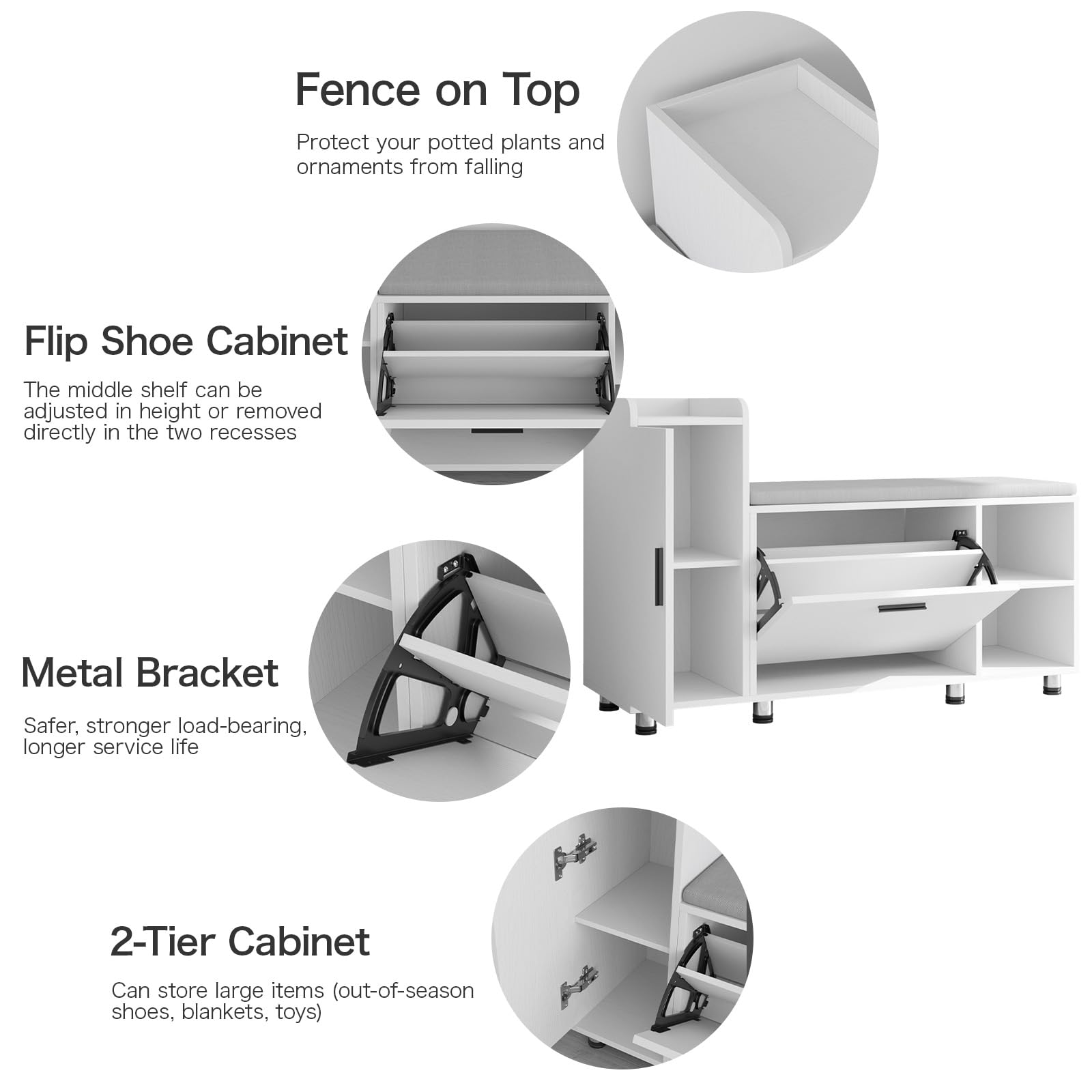 Maupvit Shoe Storage Bench with Flip Drawer Shoe Cabinet - 8 Adjustable Metal Feet, White Entryway Organizer for Hallway, Bedroom & Closet Storage Solution