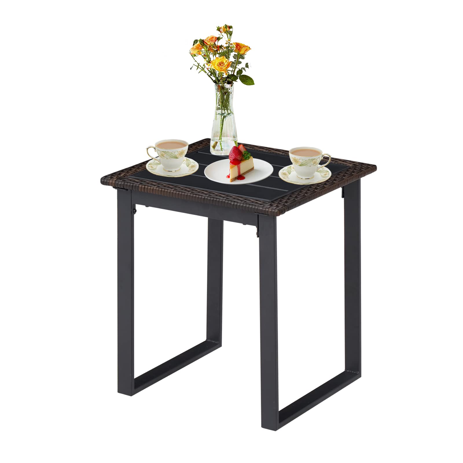 Kinbor Outdoor Bistro Table - Metal Square Side Table & Patio Coffee Table with Wicker Edge & Slatted Metal Top - U-Shaped Legs for Pool, Porch, Deck & Garden - Perfect for Outdoor Dining, Lounging & Entertaining