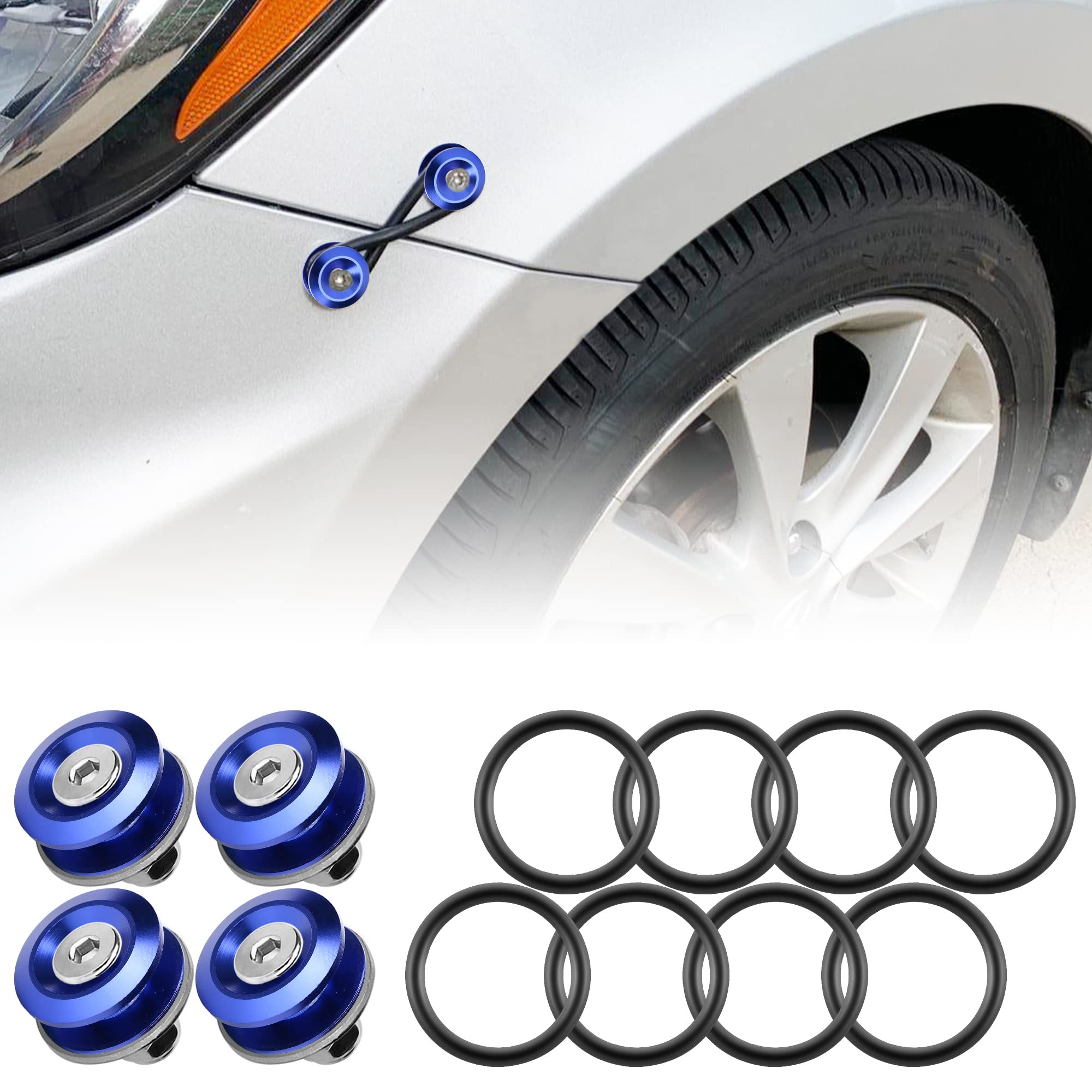 JDM Quick Release Bumper Fasteners Kit - Front & Rear Bumper Clips (4-Piece Set with 8 O-Rings, Blue) - Perfect for Car Modifications, Drift Racing & Automotive Body Kits