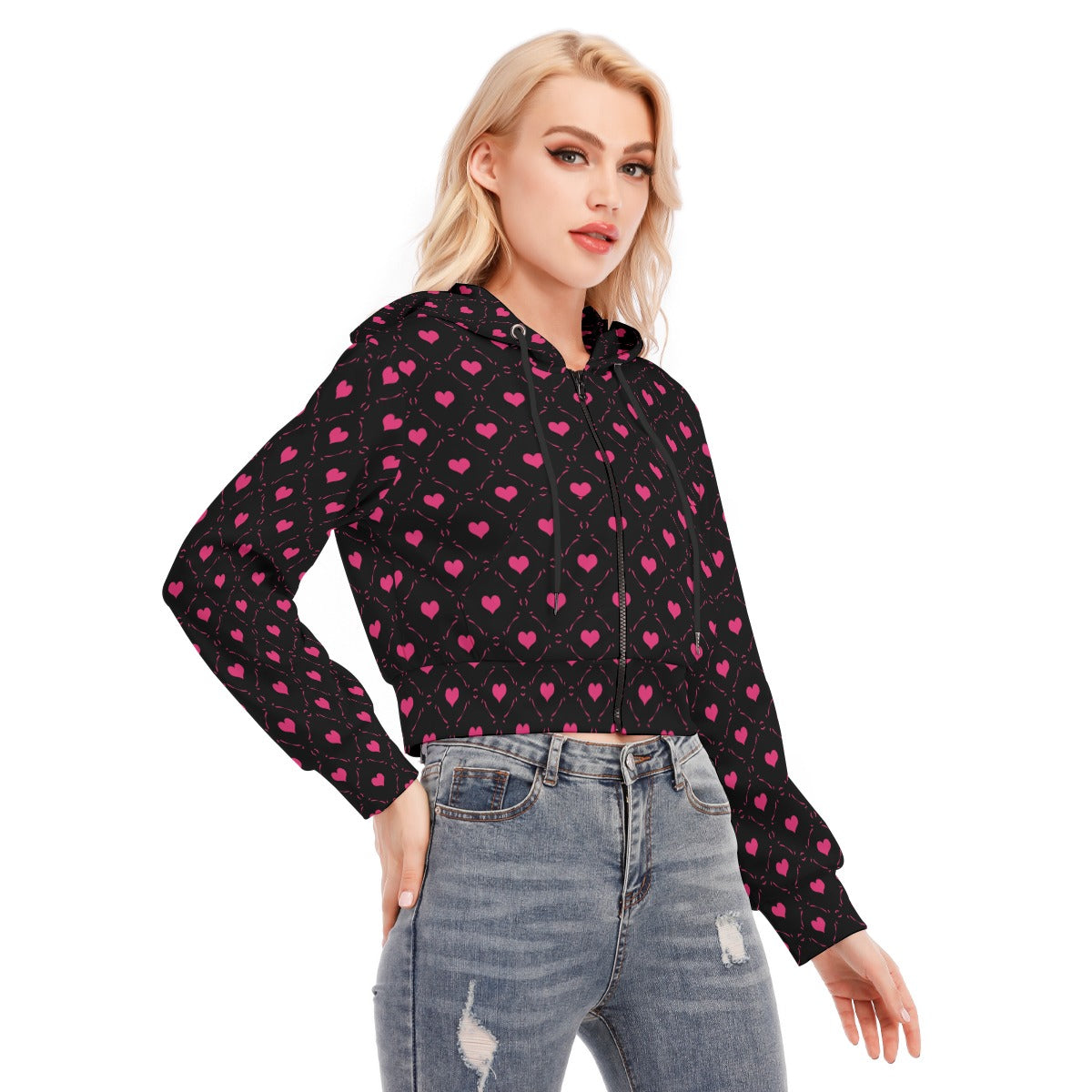 Little Pink Hearts Women's Crop Top Hoodie With Zipper Closure - Trendy Streetwear for Casual Outings & Date Nights