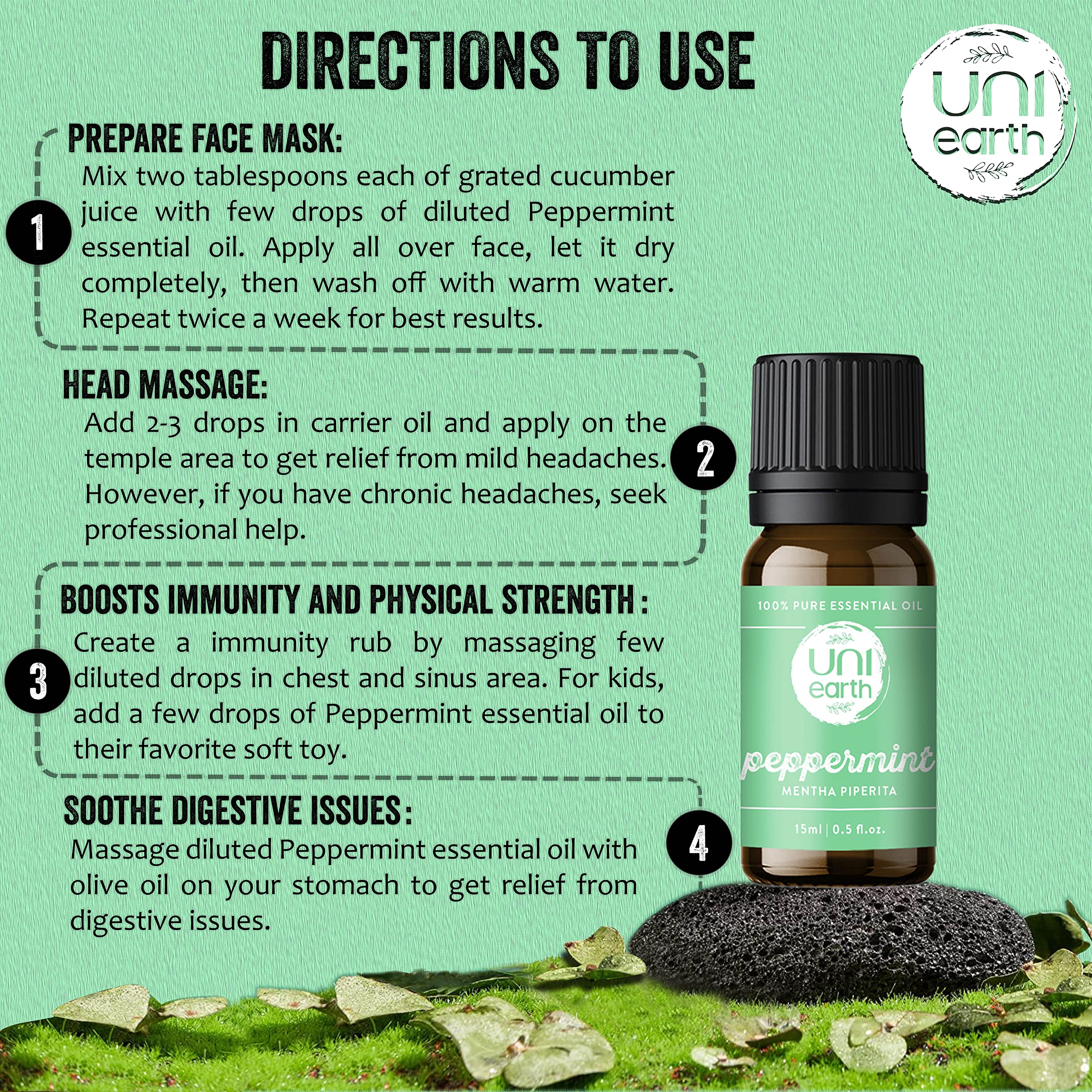 Uniearth 100% Pure Therapeutic Grade Peppermint Essential Oil - 15mL for Skin & Hair Care, Muscle Pain Relief, Acne Treatment & Scalp Nourishment | Aromatherapy, Massage, DIY Beauty & Home Remedies