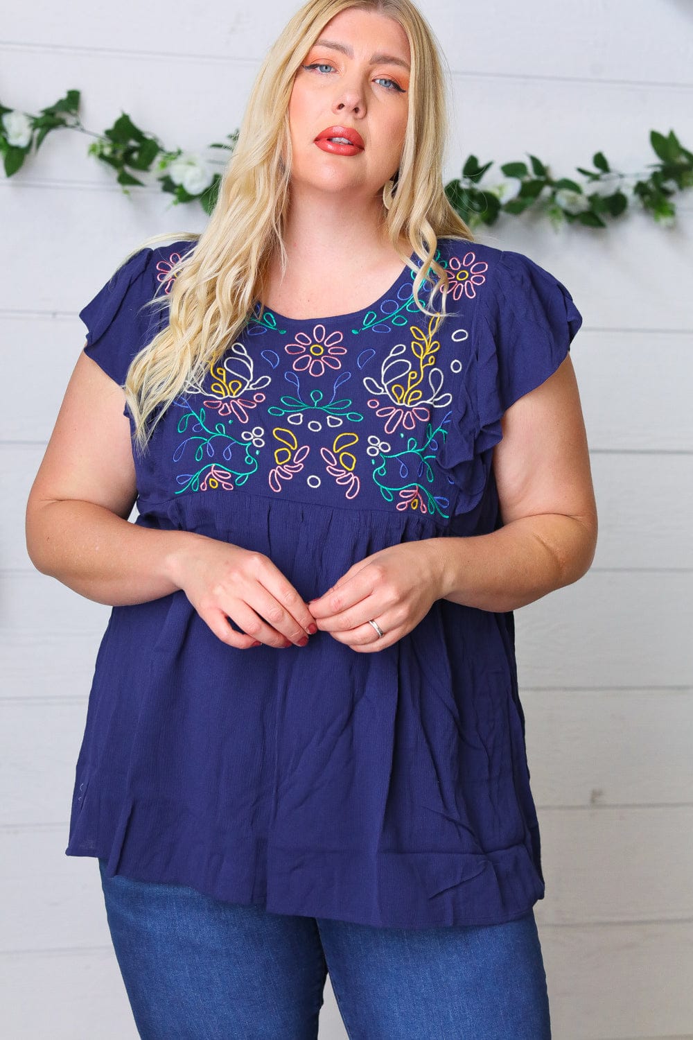 Navy Blue Floral Embroidered Flutter Sleeve Blouse for Women - Elegant Boho Chic Tunic Top for Casual Wear, Date Night & Summer Outfits