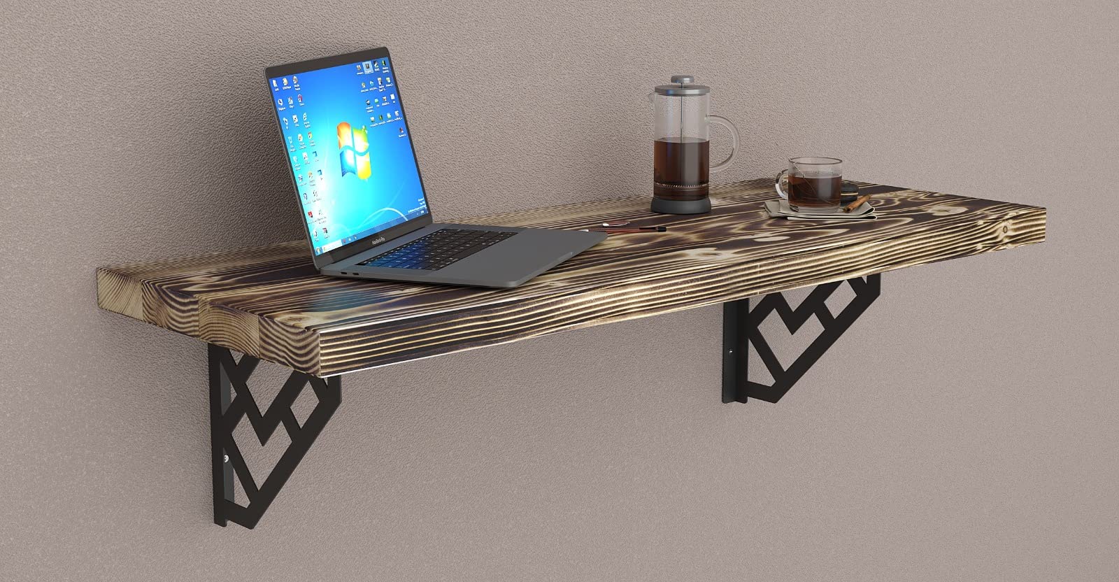 Rustic Burn 32x14 Inch Wall Mounted Desk Bar Table - Space Saving Kitchen Counter, Laundry Shelf, Computer Workbench & Dining Table for Small Spaces | Includes Free Spirit Level (Perfect for Apartments, Dorms & Home Offices)