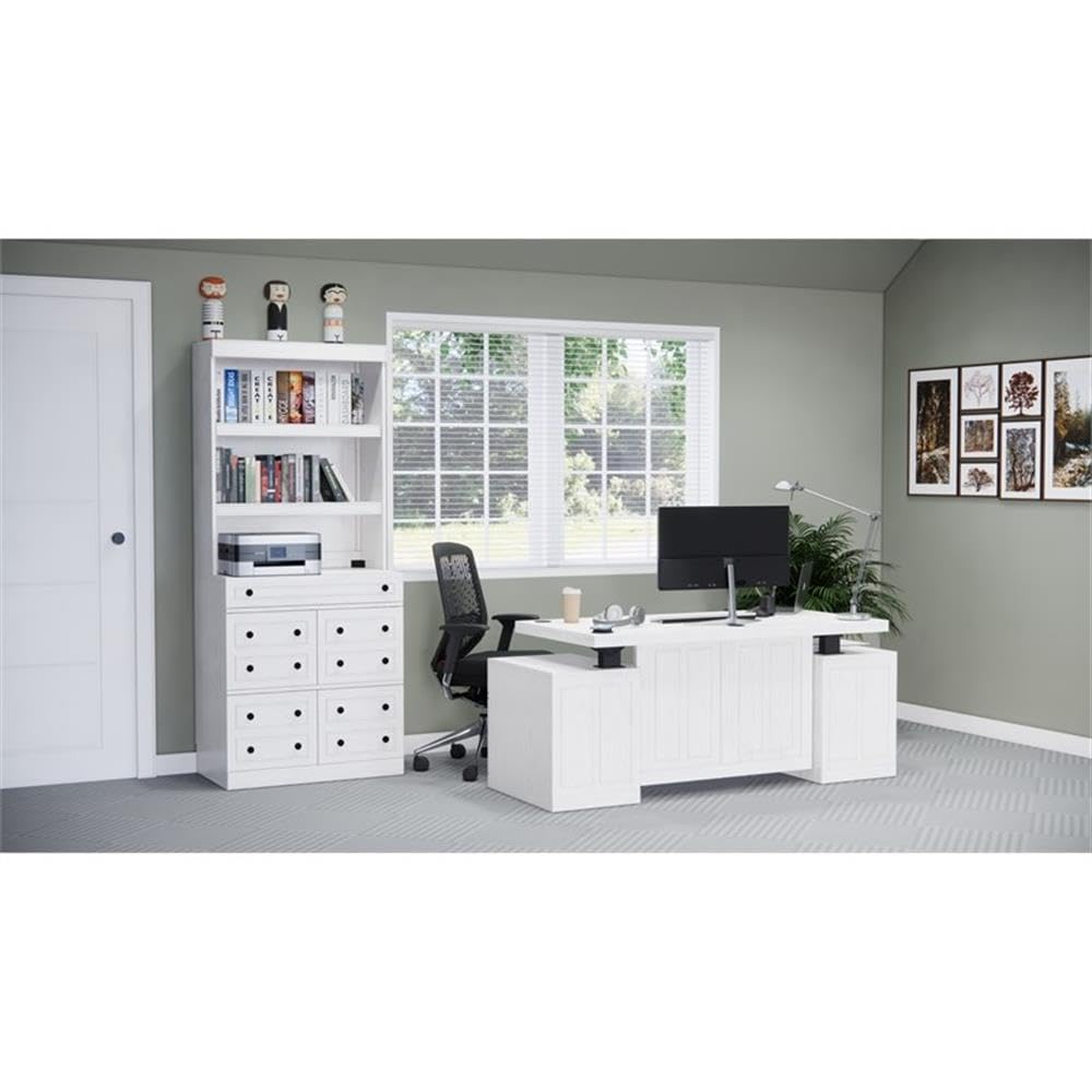 Windsor White Solid Wood Adjustable Height Sit-Stand Desk with Storage Drawers & File Cabinet - Home Office Workstation for Remote Work & Study