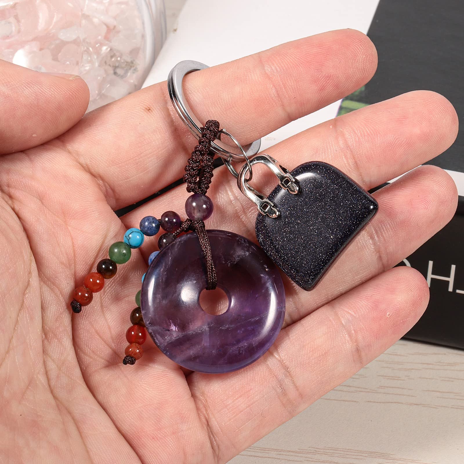 SUNYIK 2-Pack Polished Donut Crystal Keychain for Women & Men - Healing 7 Chakra Round Stone Key Ring for Car Keys, Wallet, Backpack - Perfect for Spiritual Healing, Meditation & Everyday Carry Accessories