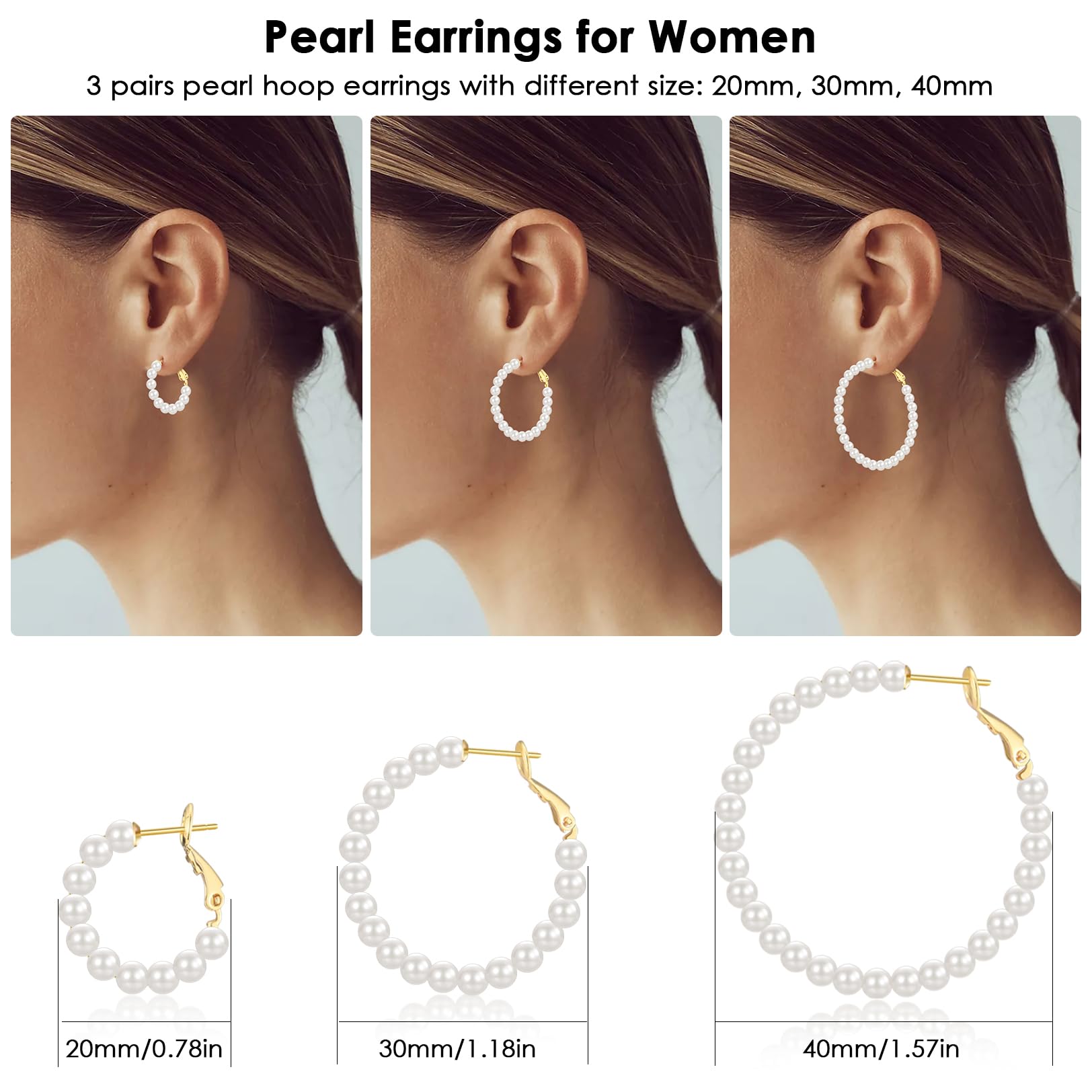 CERSLIMO 14K Gold Plated Pearl Hoop Earrings for Women - 3 Pairs S925 Sterling Silver Large Hoop Earrings Set (4mm Pearl, 20/30/40/50mm) | Elegant Jewelry Gift for Birthday, Anniversary & Special Occasions