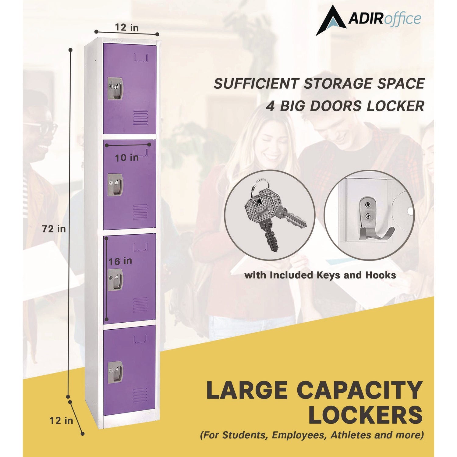 AdirOffice 4 Compartment Steel Storage Locker - 12x12x72 Inches, Purple - Perfect for Schools, Gyms & Office Organization