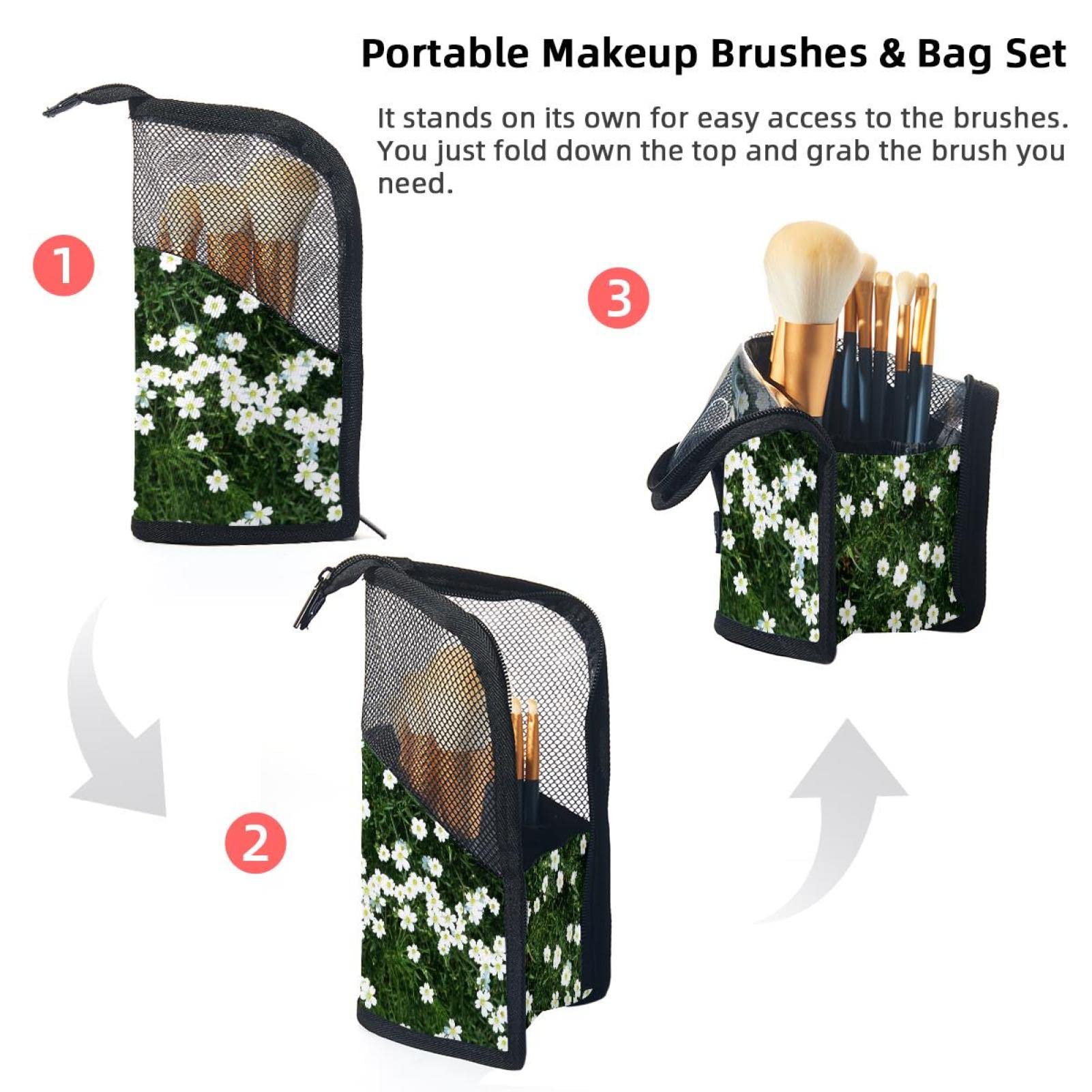 12-Piece Makeup Brush Organizer Bag with White Flower Design - Portable Travel Cosmetic Brush Holder Case for Professional & Home Use