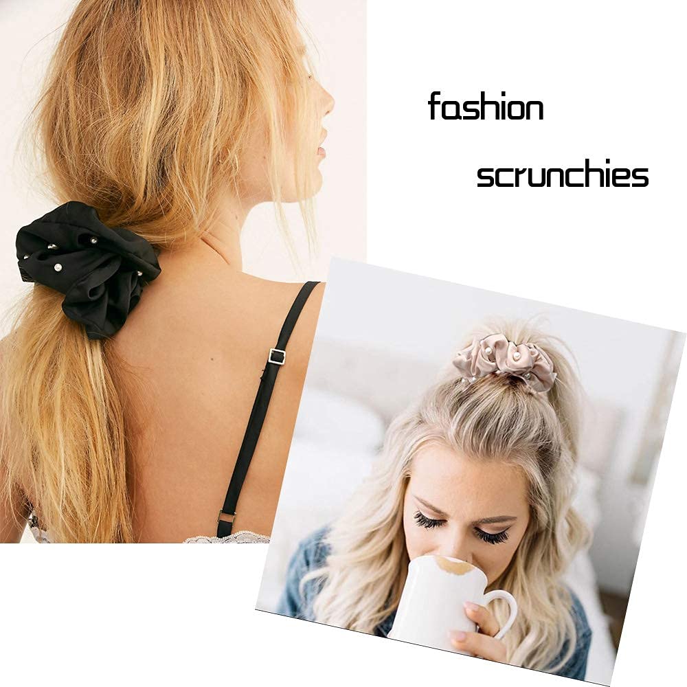 ASG 3-Pack Soft Satin Pearl Scrunchies - Elegant Hair Ties for Women & Girls (Perfect for School, Work, Parties & Everyday Use)
